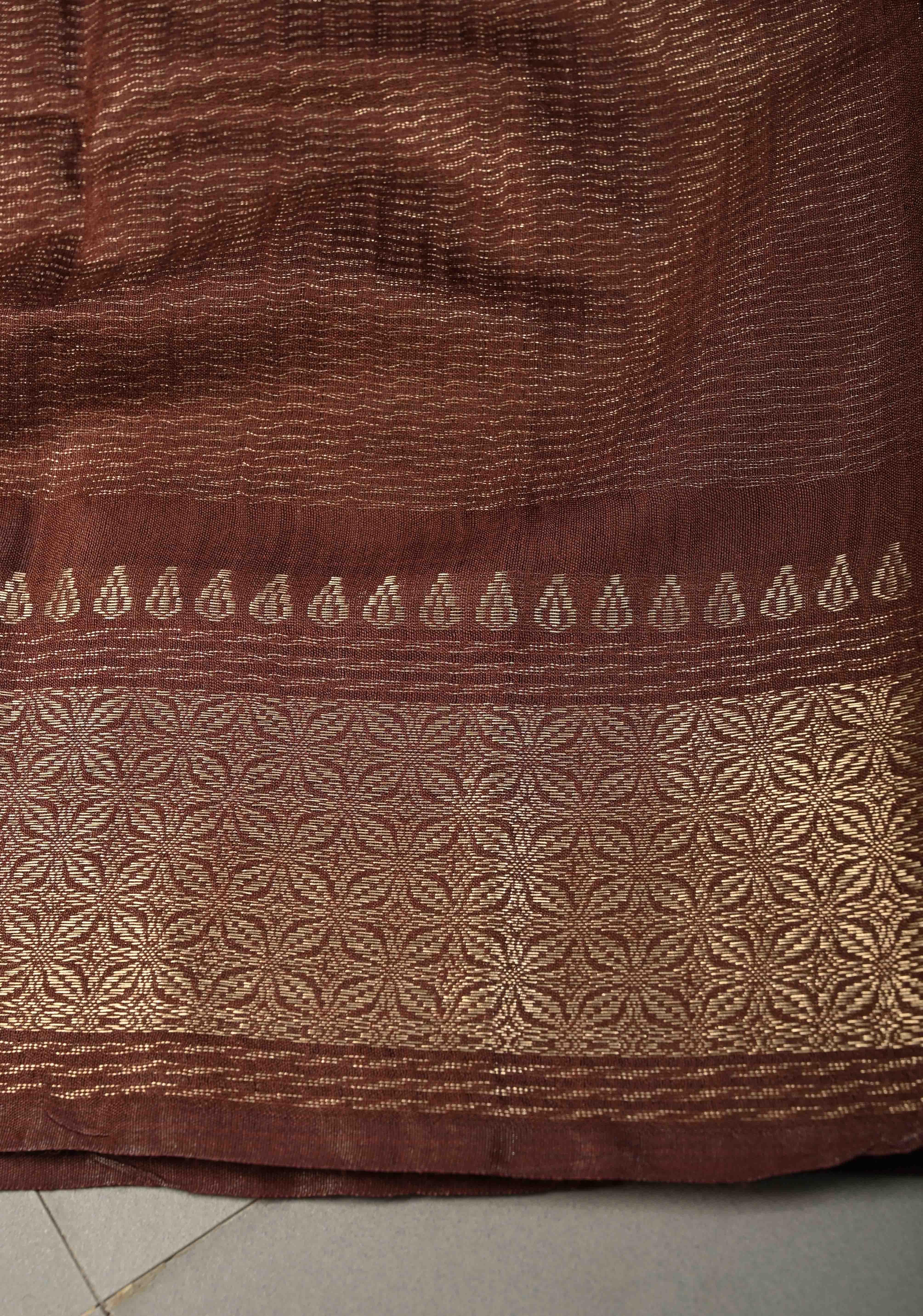 Coffee Brown Semi Tussar Tissue Saree with Zari Border | Shobitam
