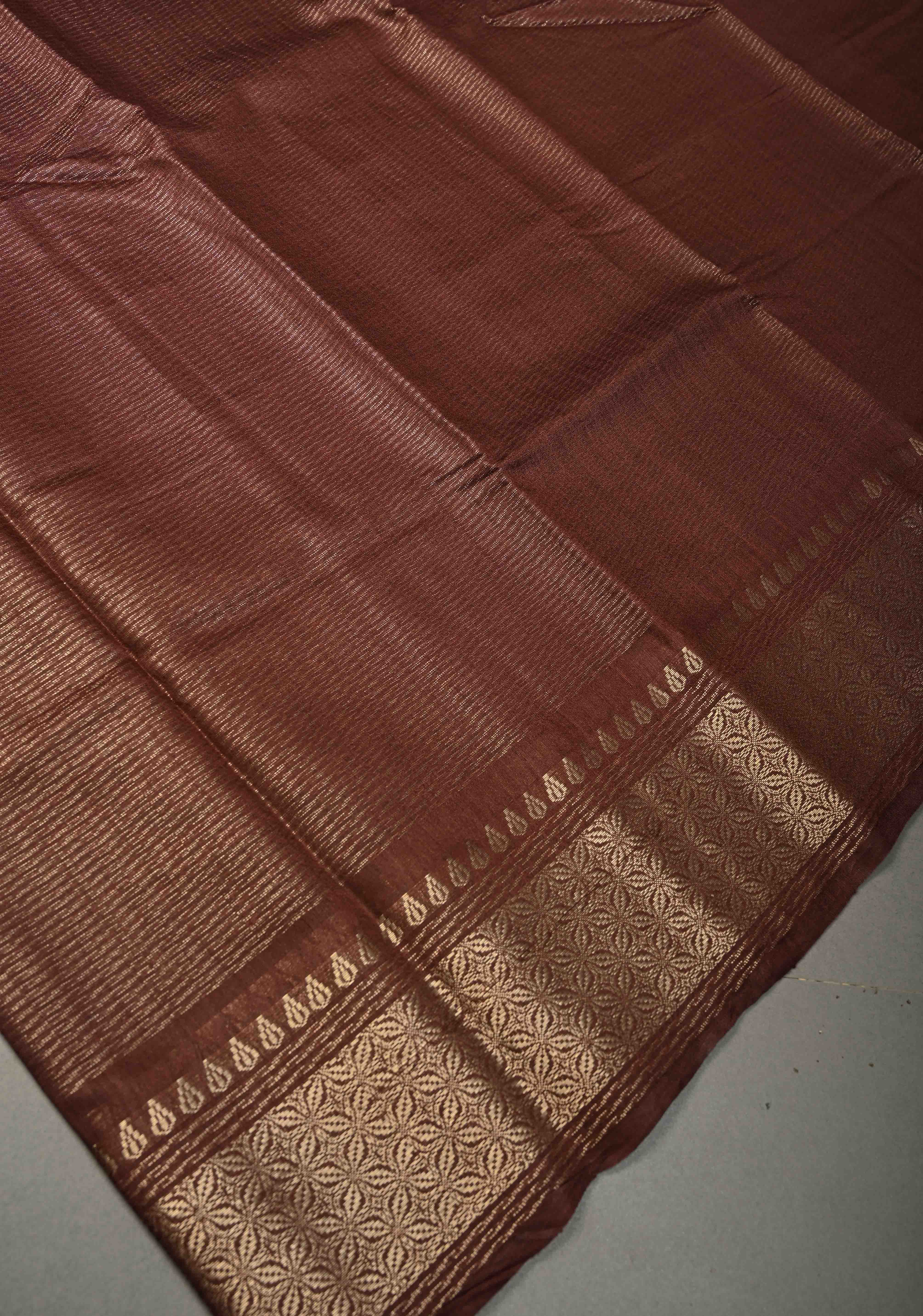 Coffee Brown Semi Tussar Tissue Saree with Zari Border | Shobitam