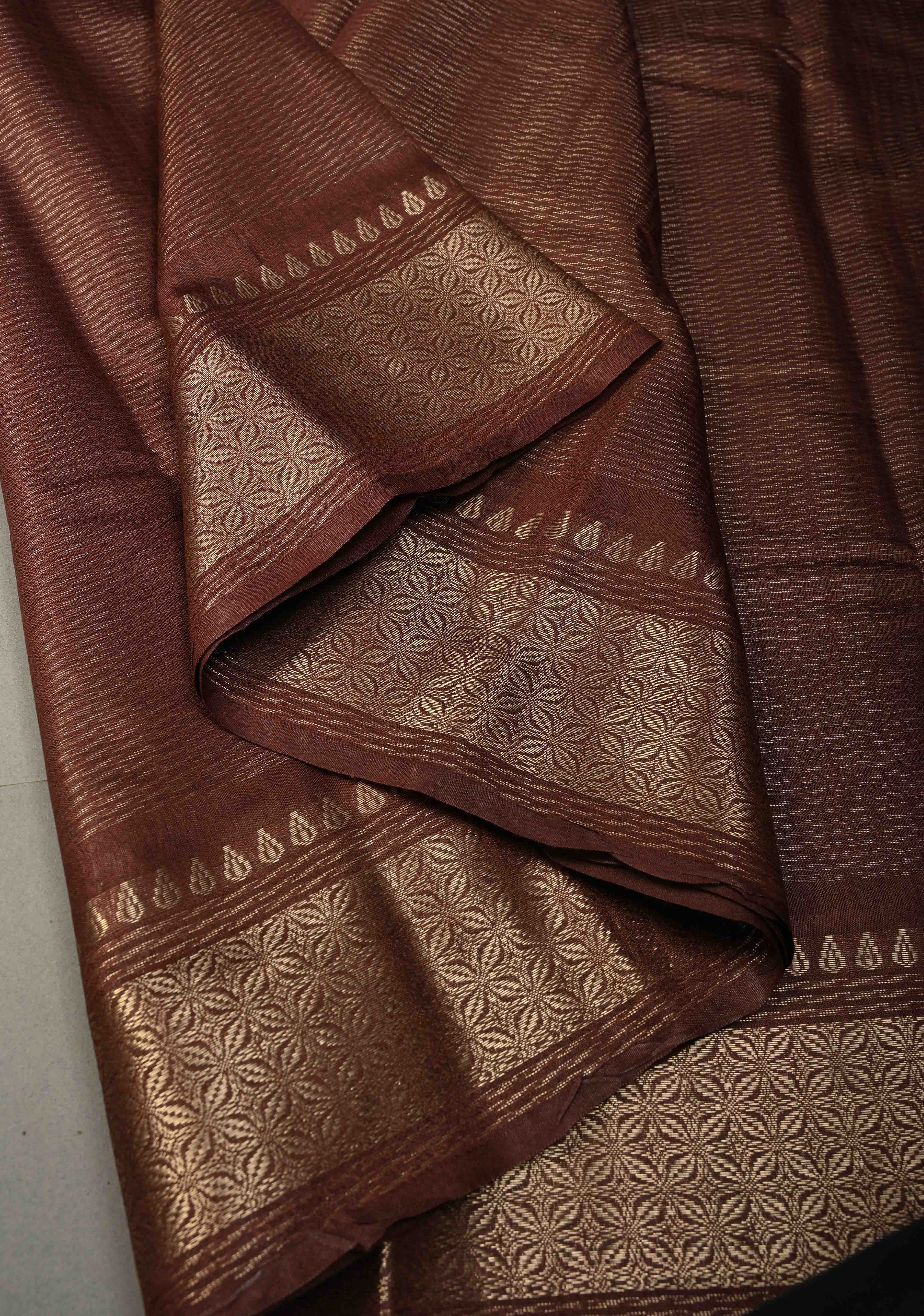Coffee Brown Semi Tussar Tissue Saree with Zari Border | Shobitam
