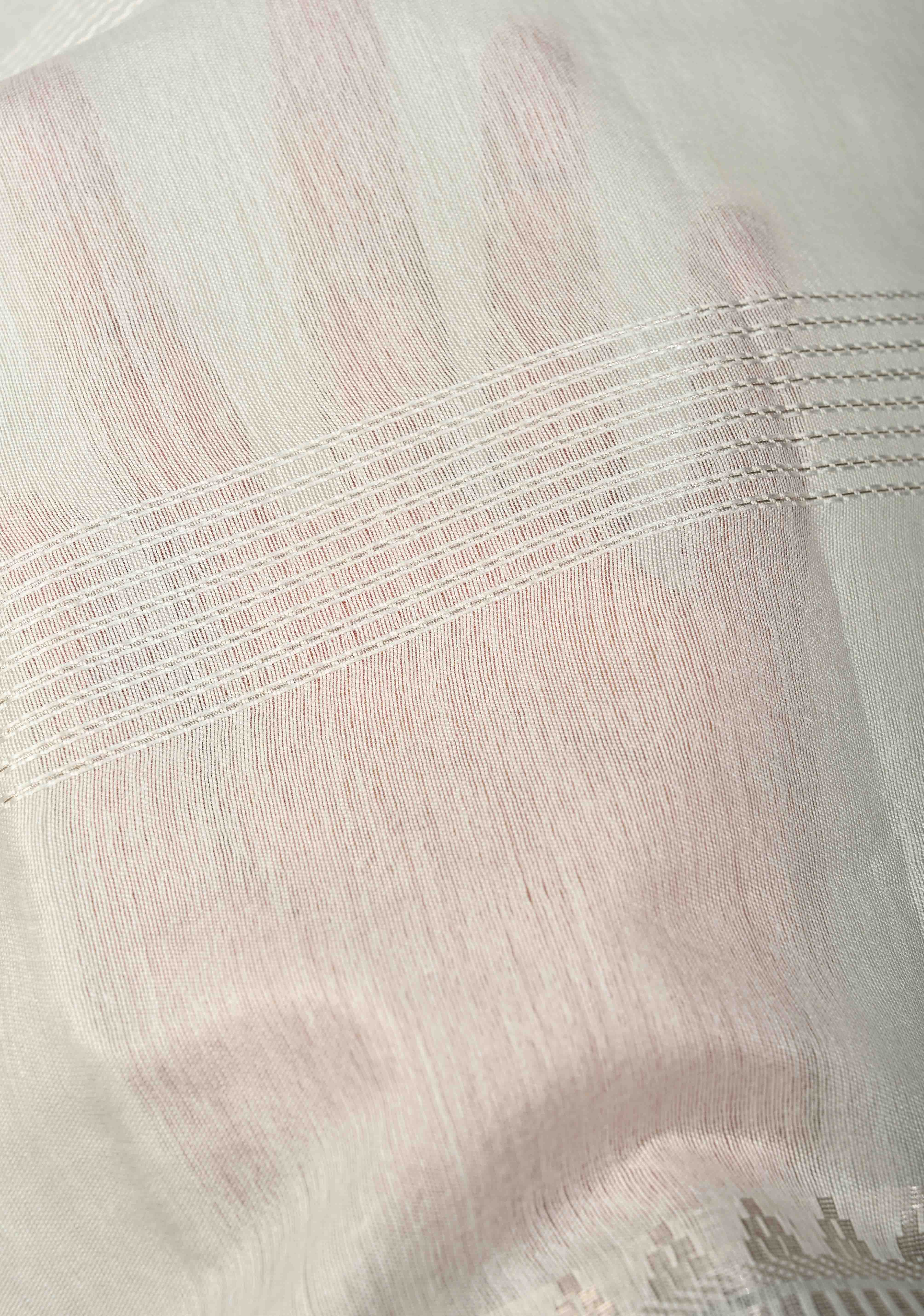 White Semi Tussar Saree with Horizontal Zari-Thread Stripes and Zari Borders | Shobitam