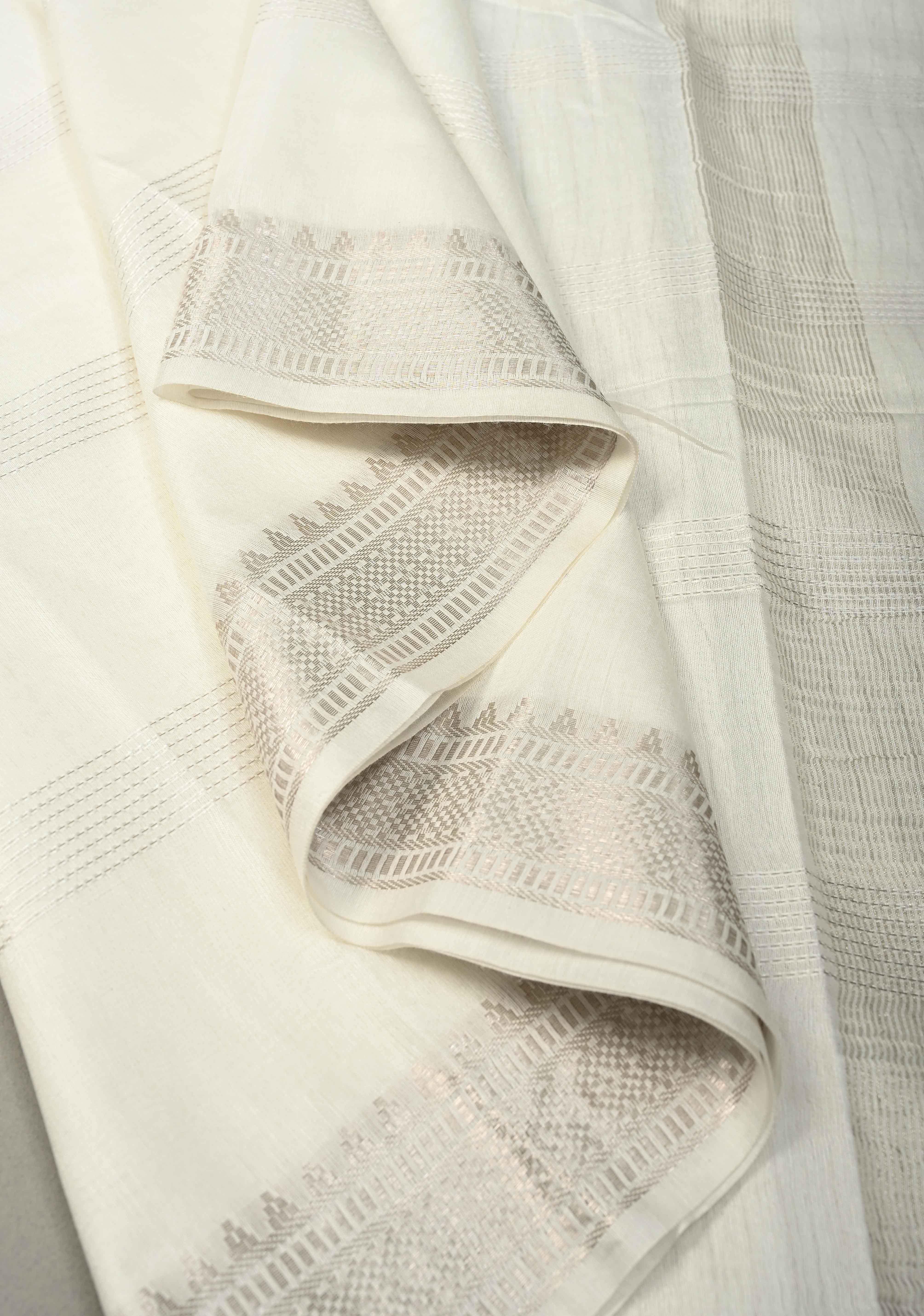 White Semi Tussar Saree with Horizontal Zari-Thread Stripes and Zari Borders | Shobitam