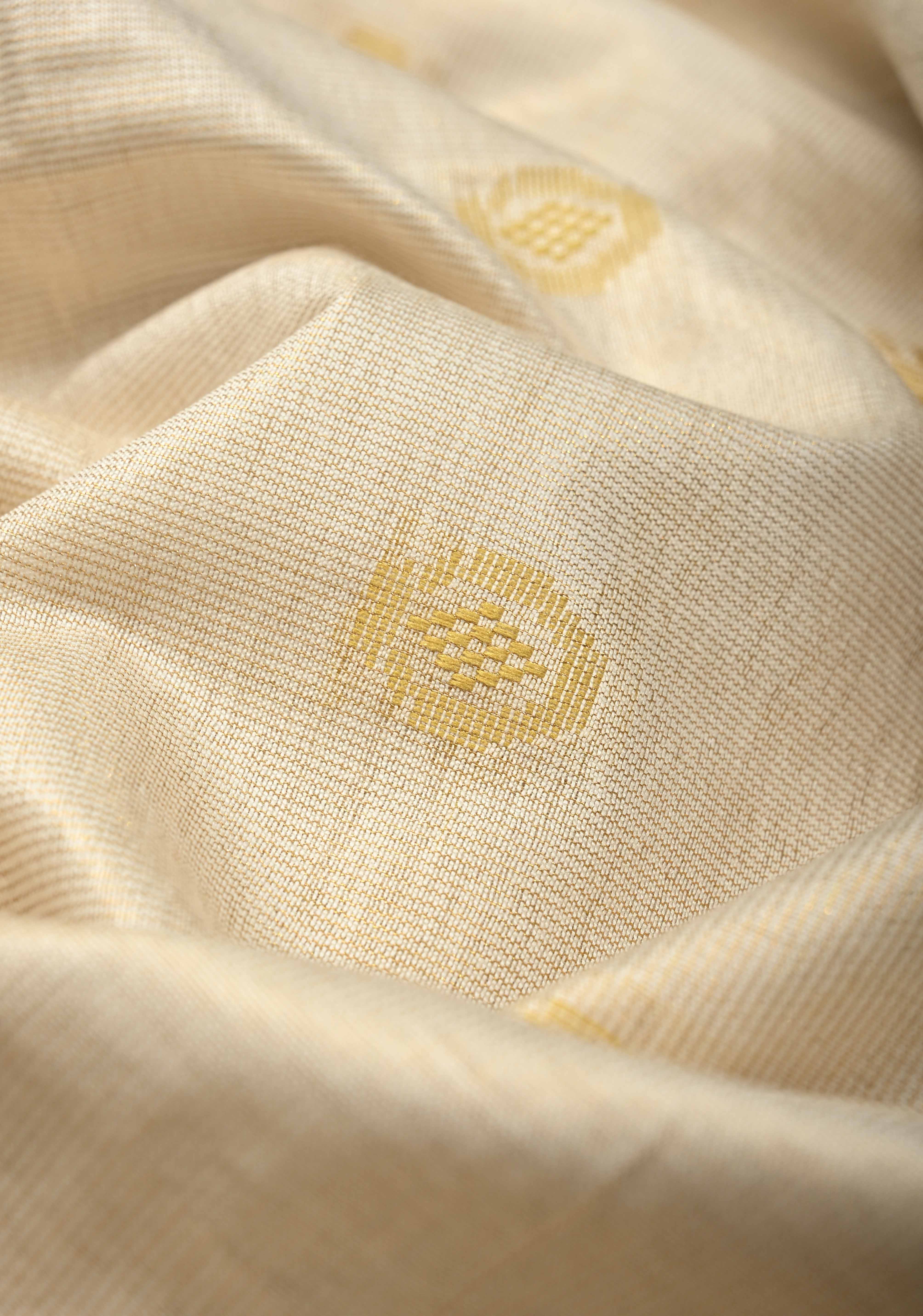 Ivory Borderless Semi Tussar Tissue Saree with Thread Buttas | Shobitam