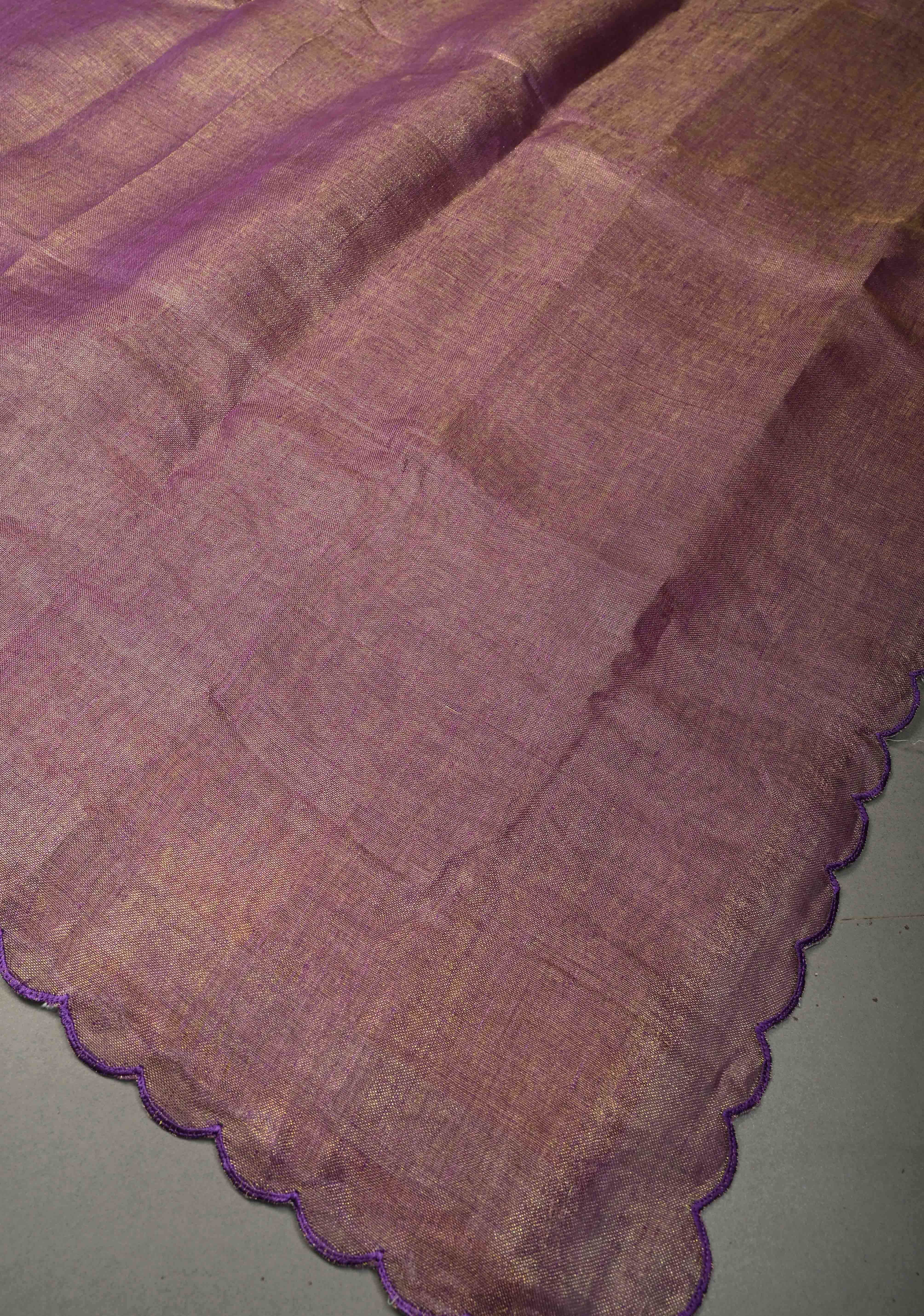 Soft Lavender Purple Tissue Linen Saree with Scallop Border | Shobitam