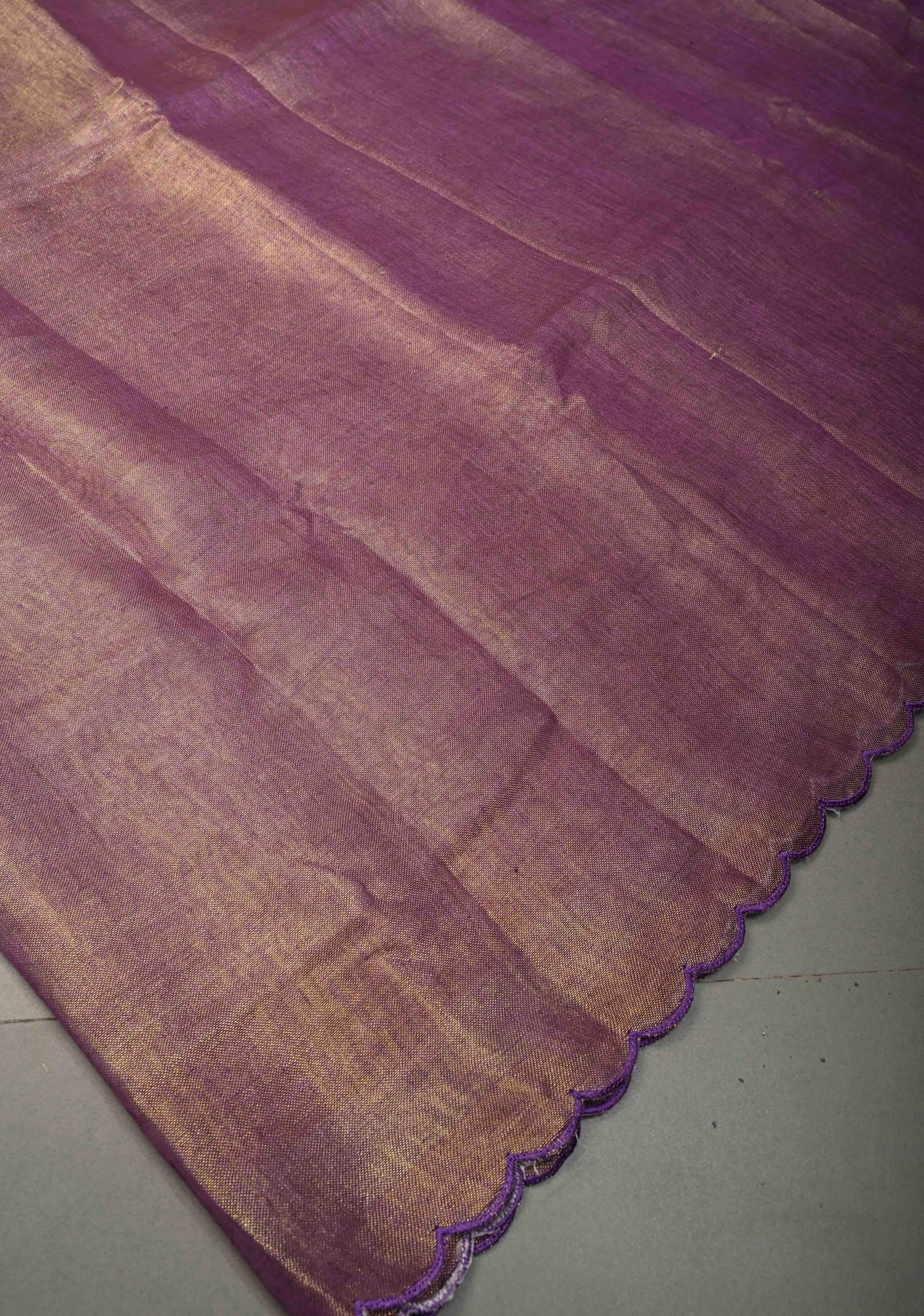 Soft Lavender Purple Tissue Linen Saree with Scallop Border | Shobitam