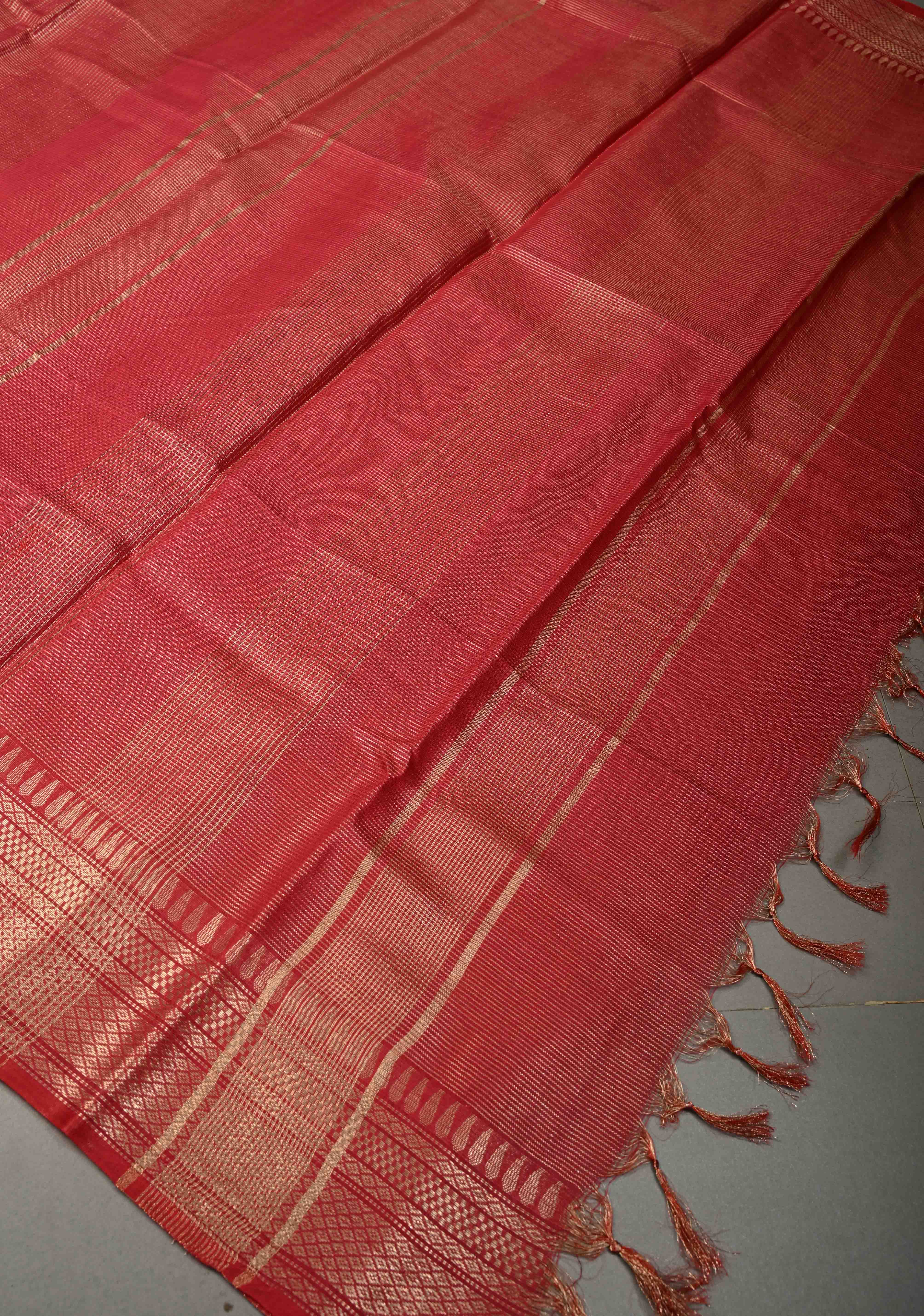 Dark Red Semi Tussar Tissue Saree with Zari Checks and Zari Border | Shobitam