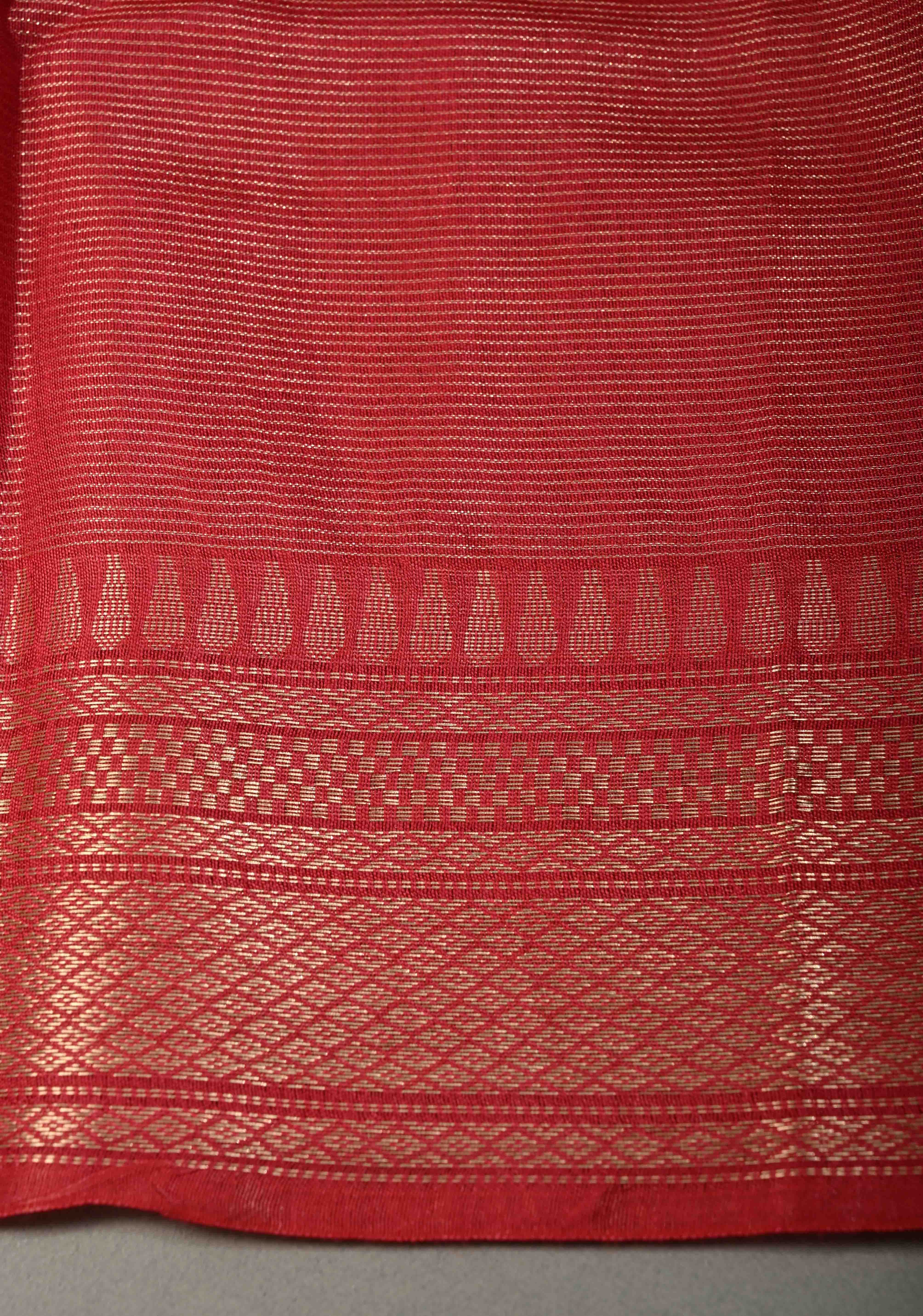 Dark Red Semi Tussar Tissue Saree with Zari Checks and Zari Border | Shobitam