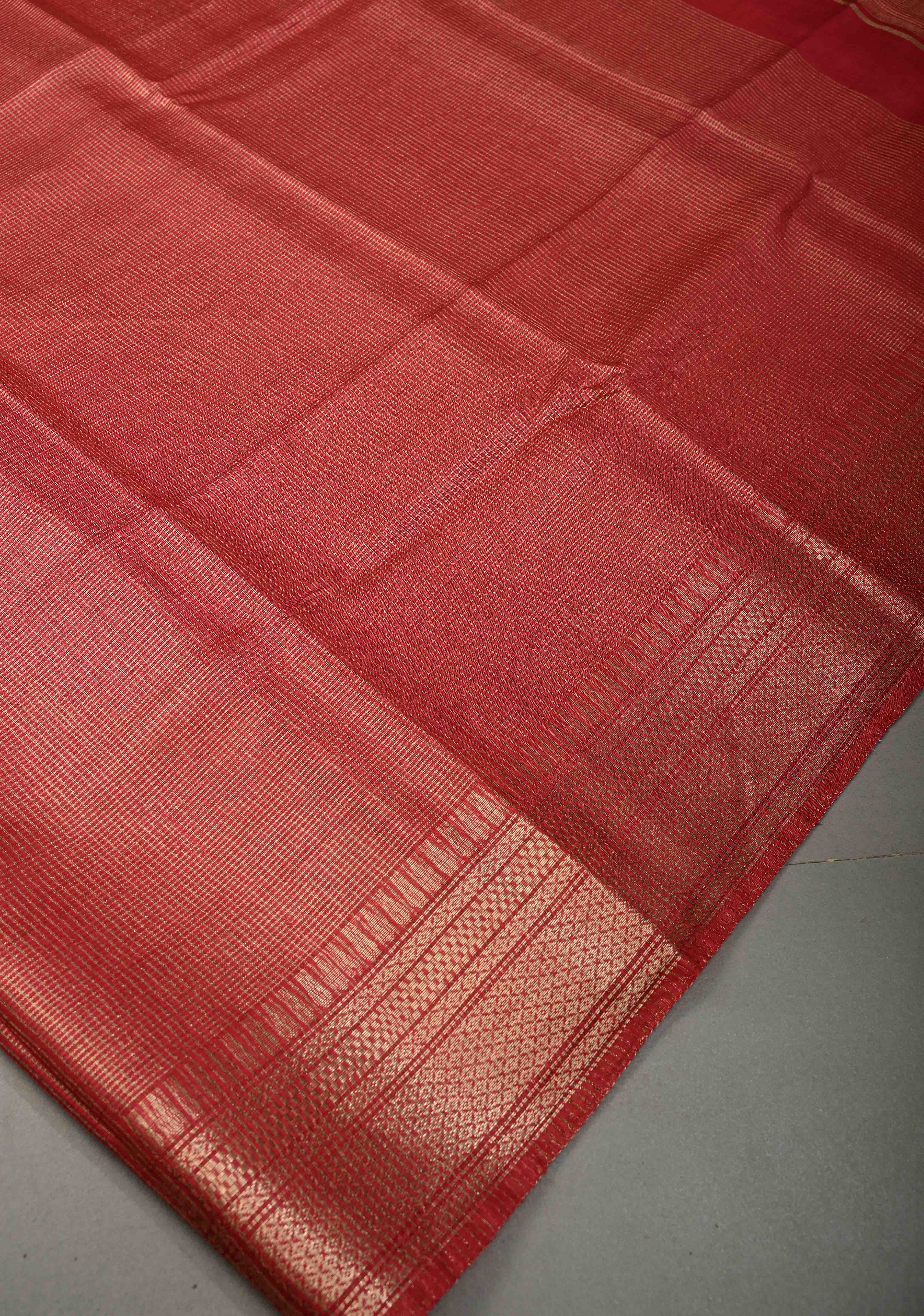 Dark Red Semi Tussar Tissue Saree with Zari Checks and Zari Border | Shobitam