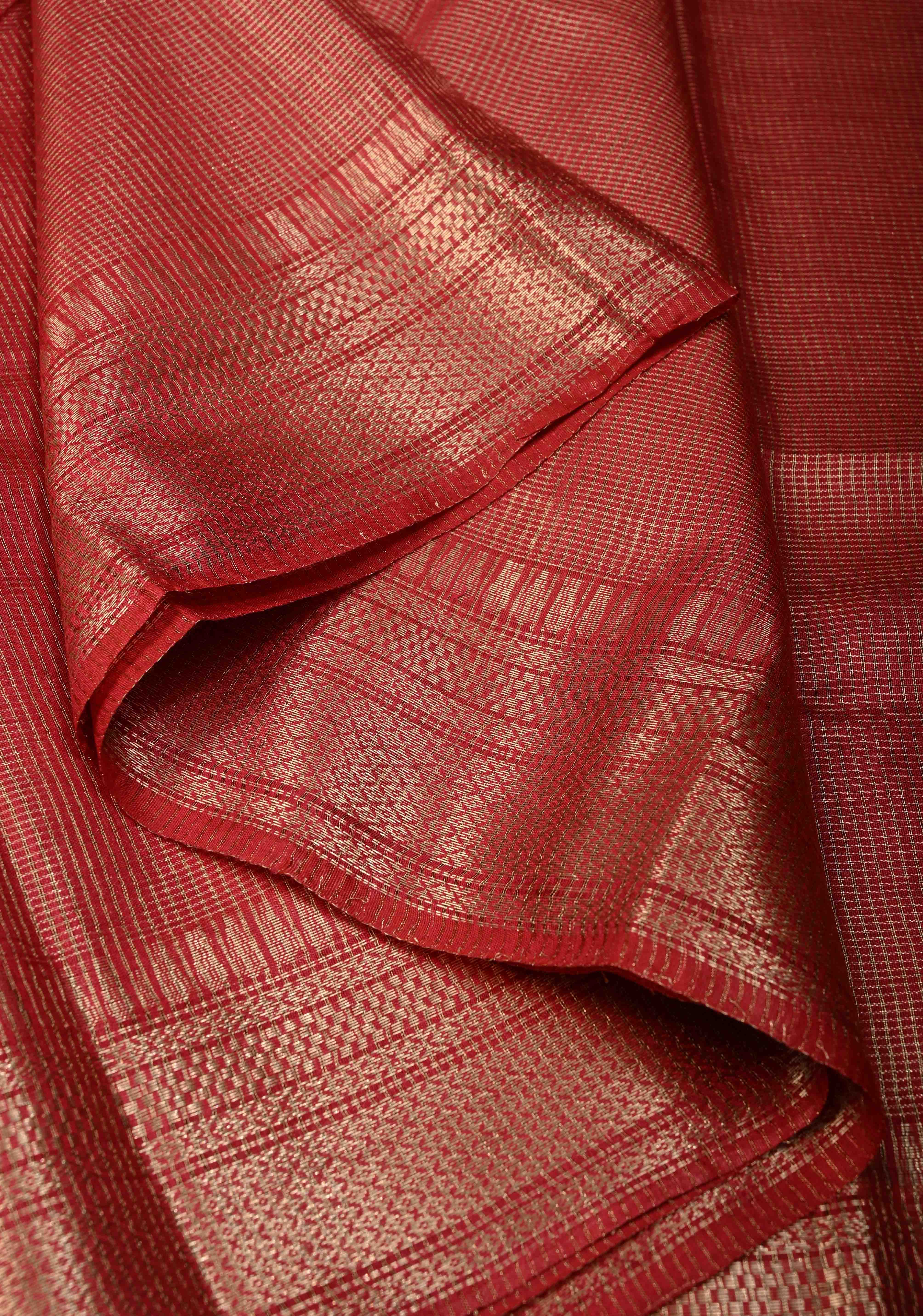 Dark Red Semi Tussar Tissue Saree with Zari Checks and Zari Border | Shobitam