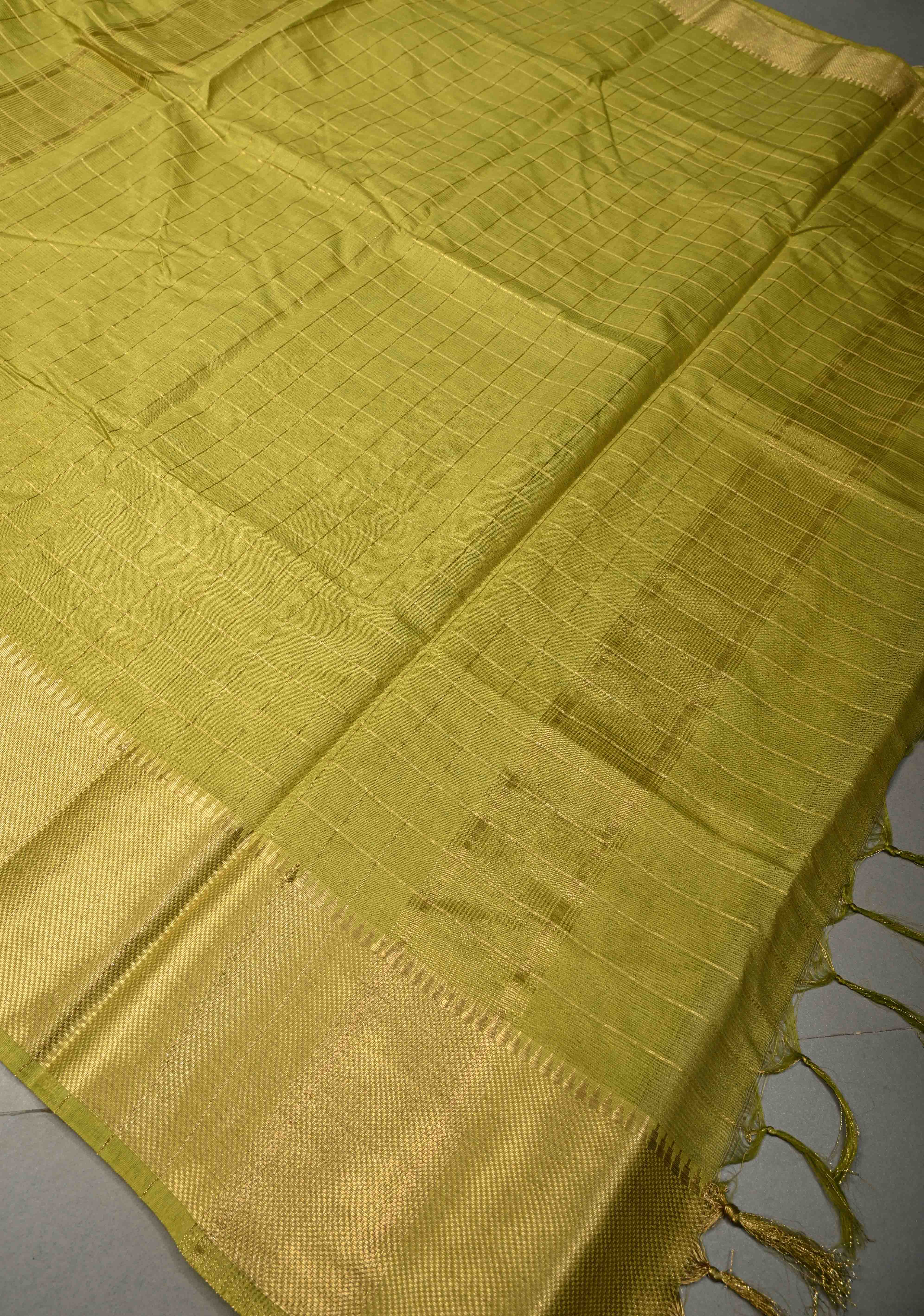 Chartreuse Semi Tussar Saree with Zari Checks and Zari Border | Shobitam