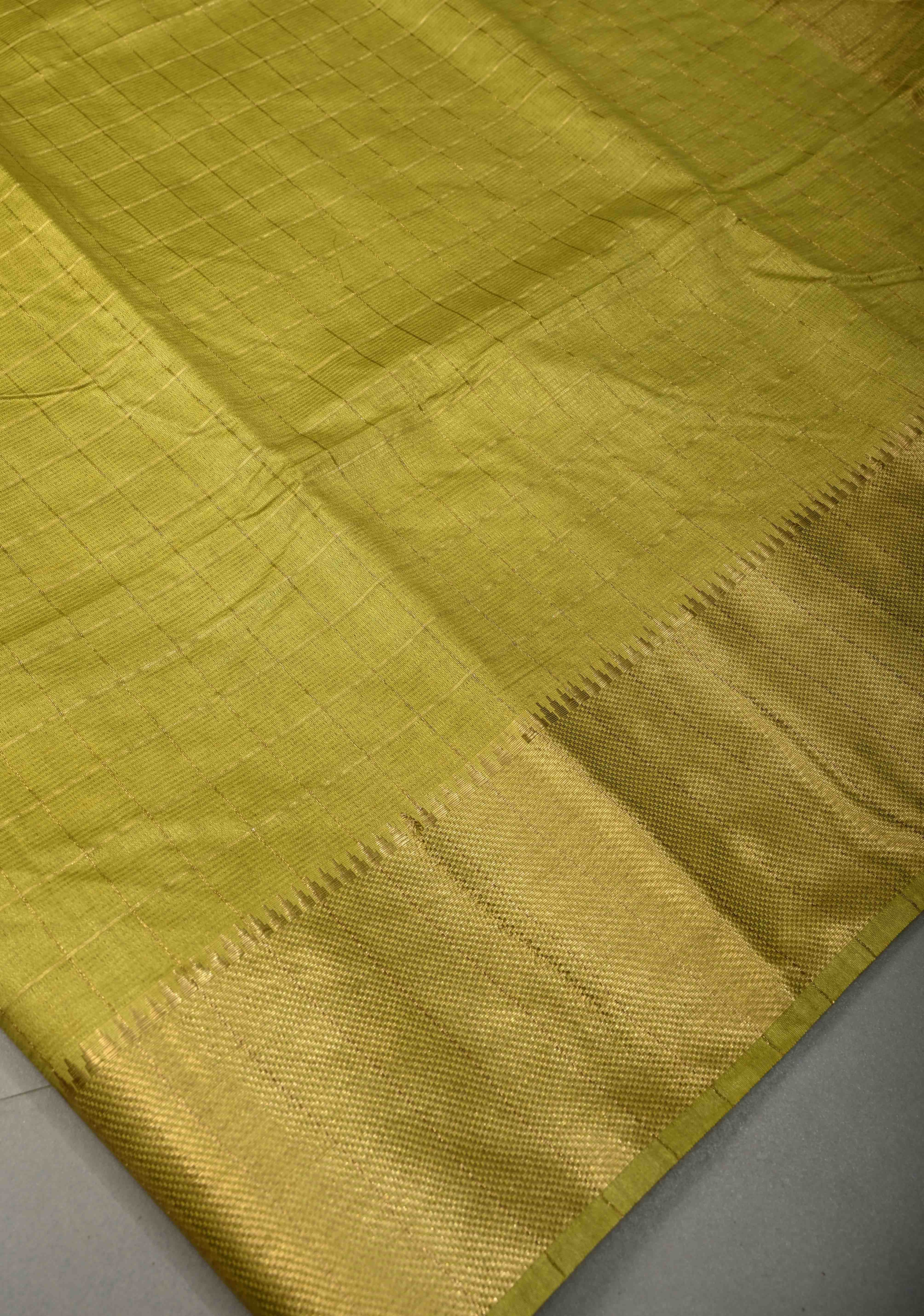 Chartreuse Semi Tussar Saree with Zari Checks and Zari Border | Shobitam