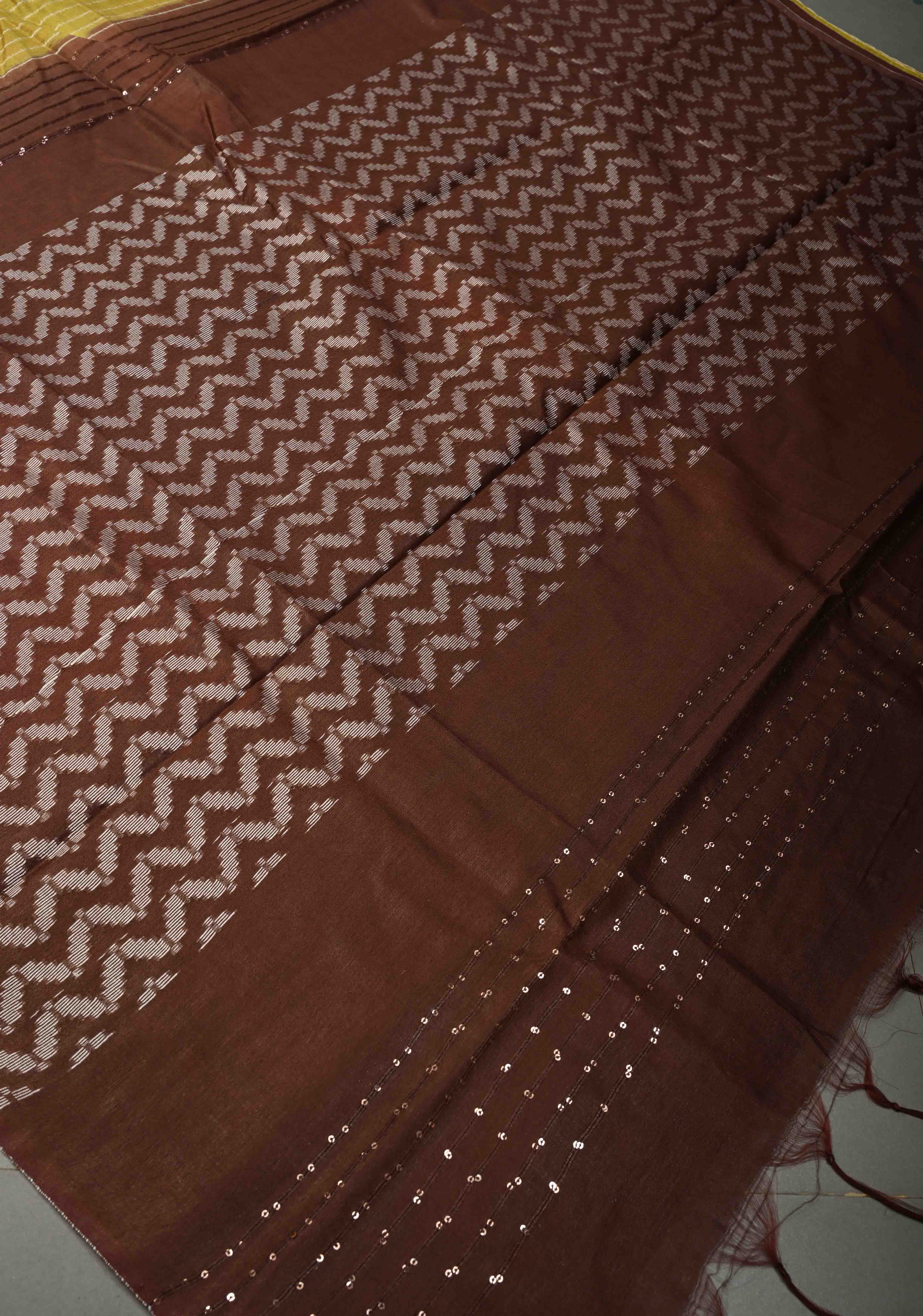Mustard Yellow Borderless Semi Tussar Saree with Thread Horizontal Stripes and Contrast Pallu | Shobitam
