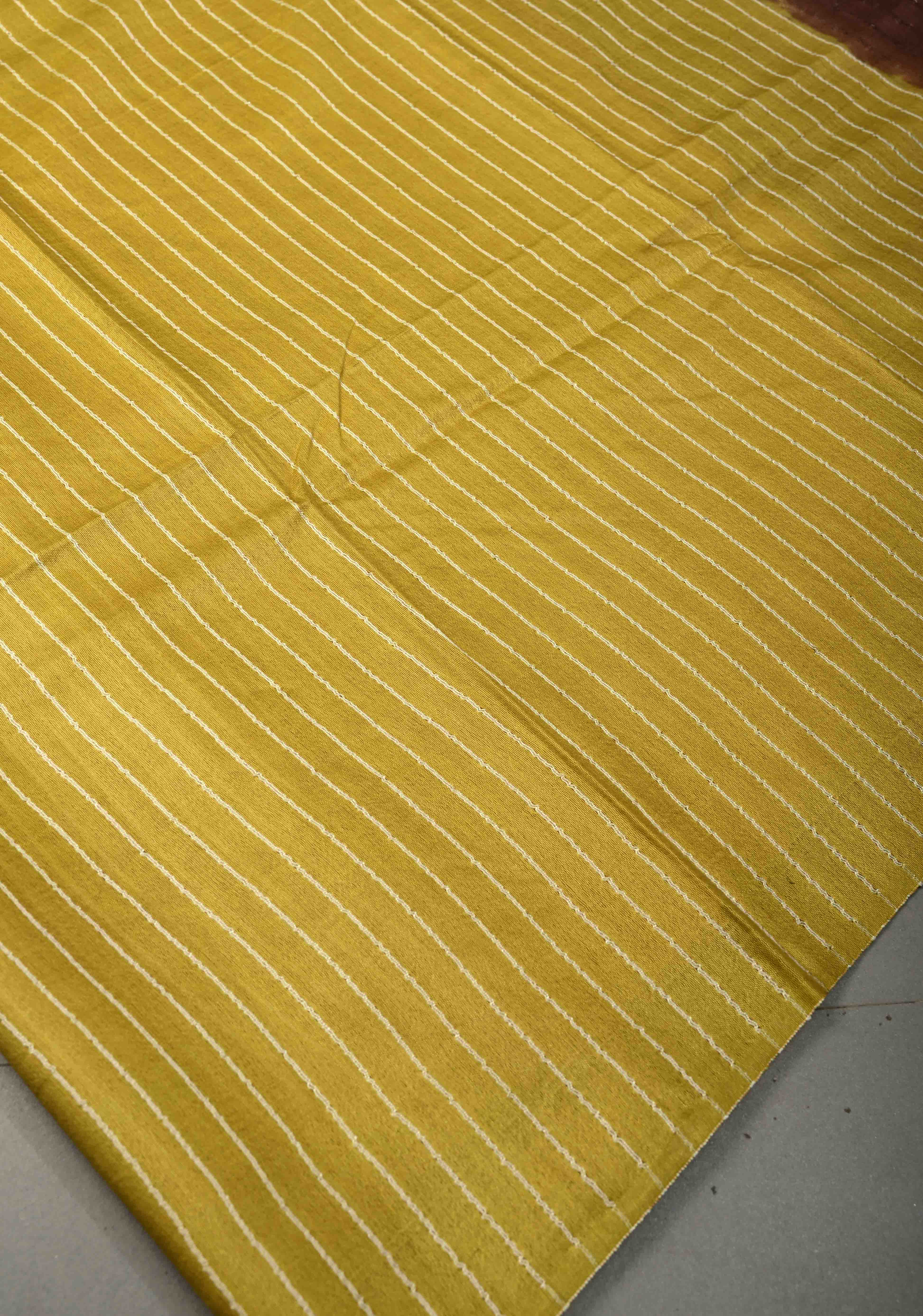 Mustard Yellow Borderless Semi Tussar Saree with Thread Horizontal Stripes and Contrast Pallu | Shobitam