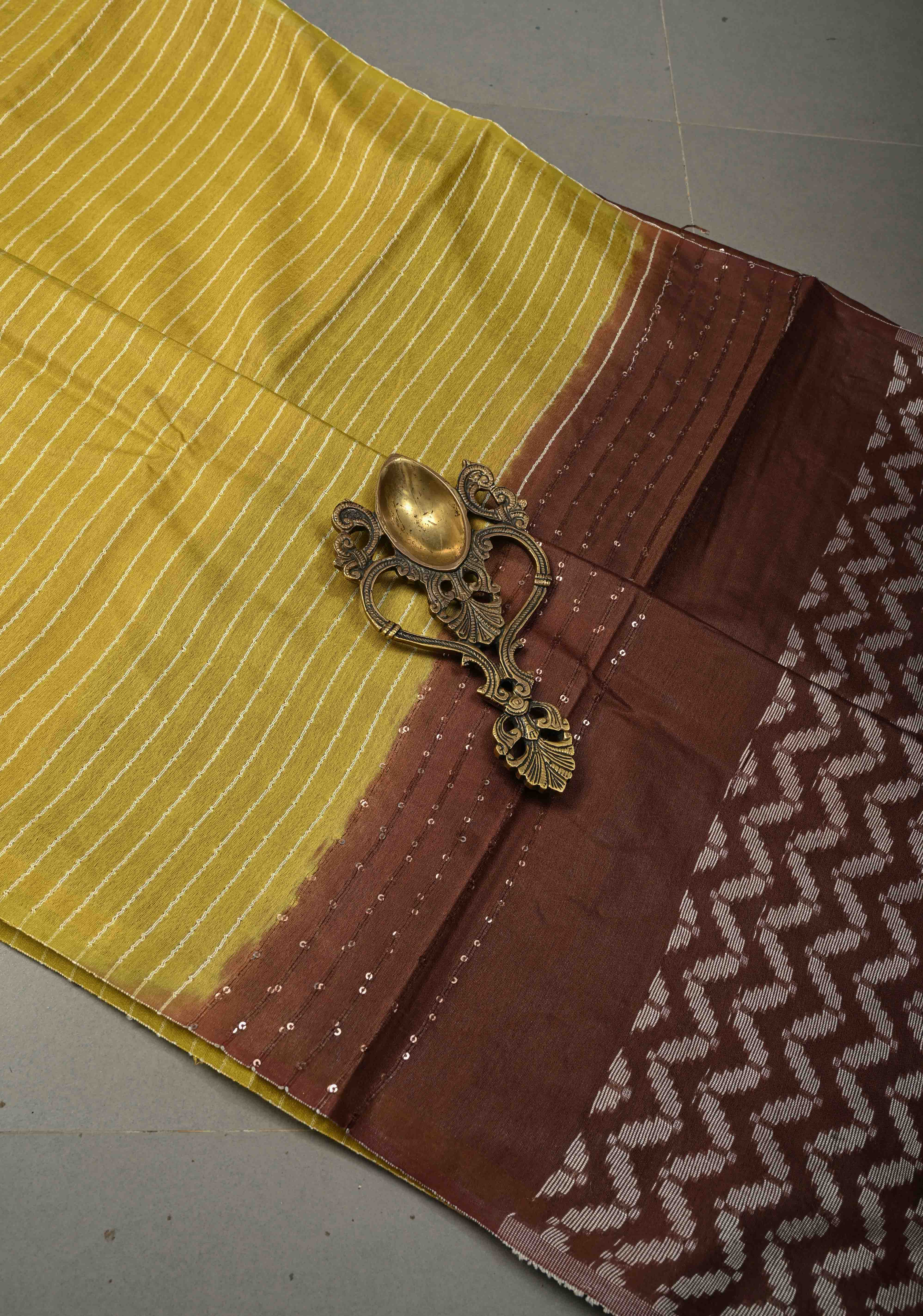 Mustard Yellow Borderless Semi Tussar Saree with Thread Horizontal Stripes and Contrast Pallu | Shobitam