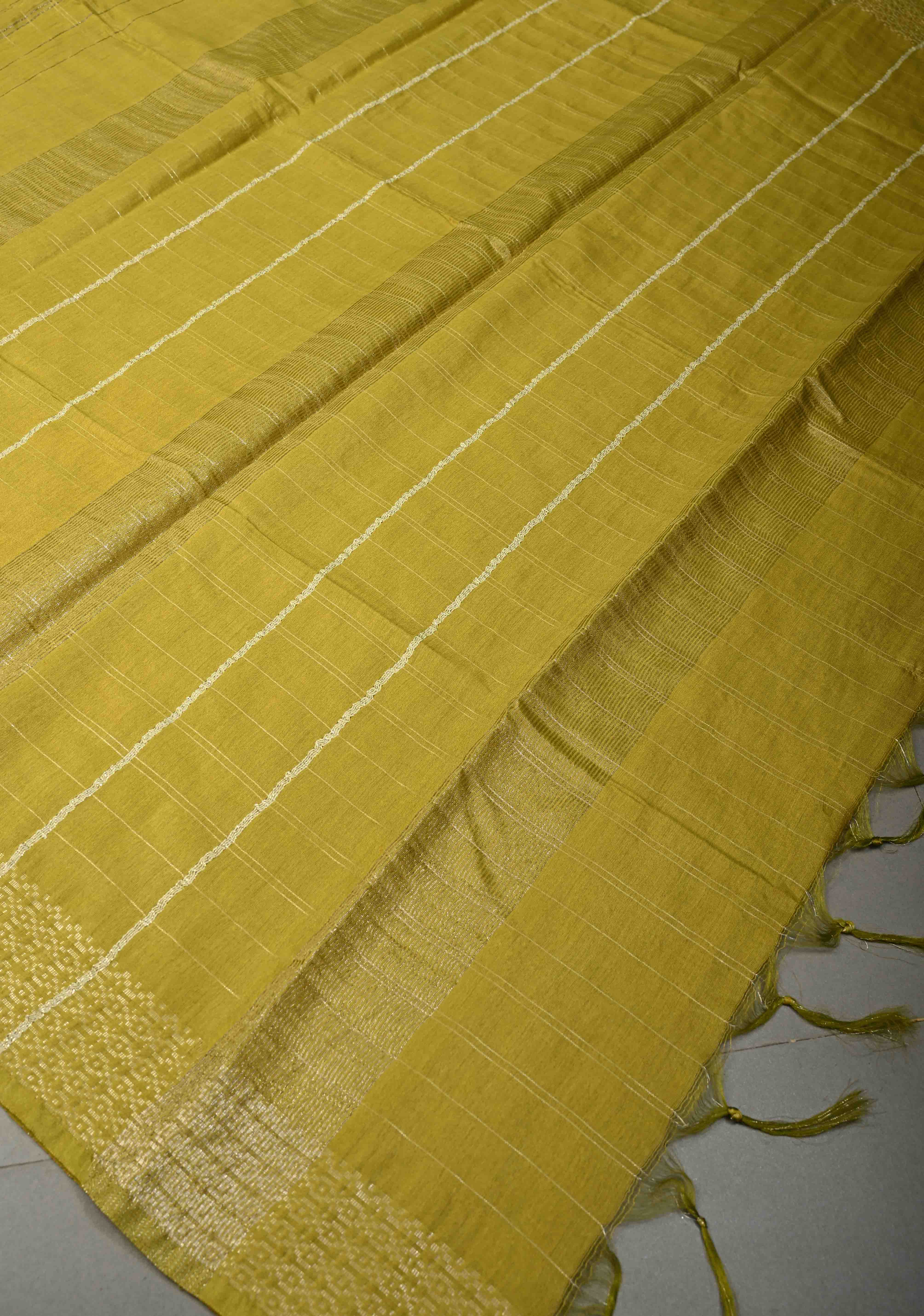 Moss Green Zari Checks on Semi Tussar Saree with Thread Buttas and Zari Border | Shobitam
