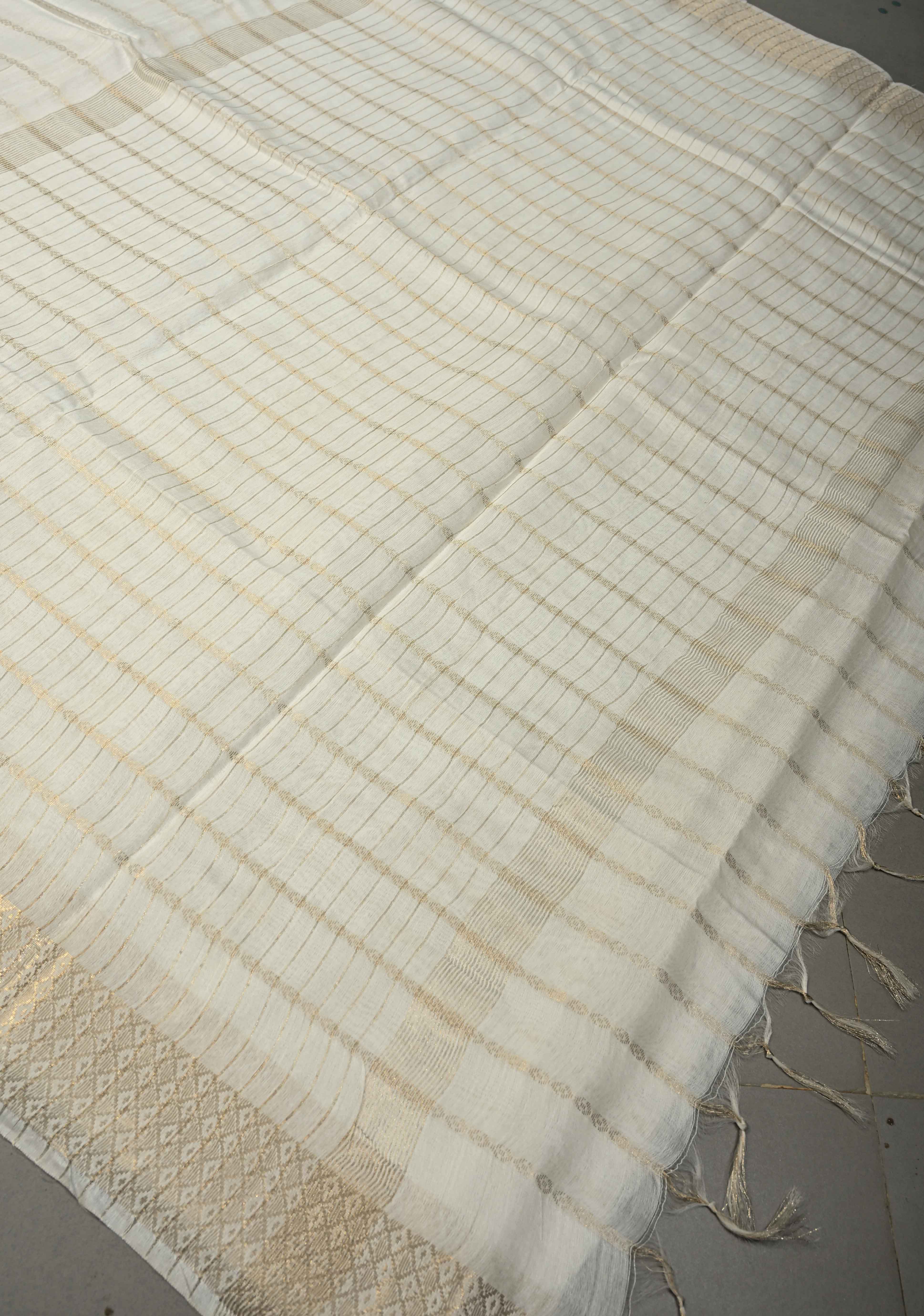 White Semi Tussar Saree Zari Stripes and Zari Border | Shobitam