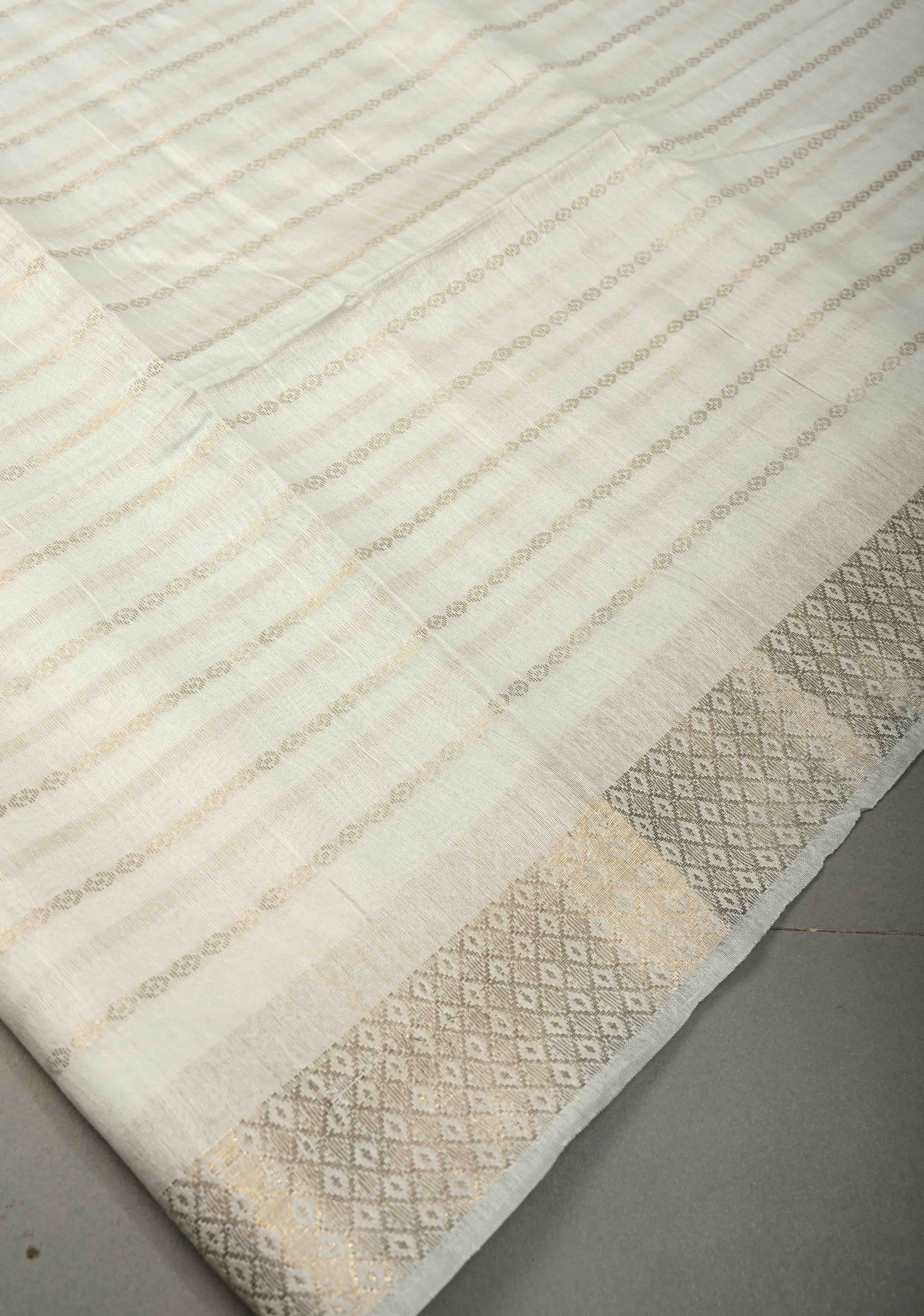 White Semi Tussar Saree Zari Stripes and Zari Border | Shobitam