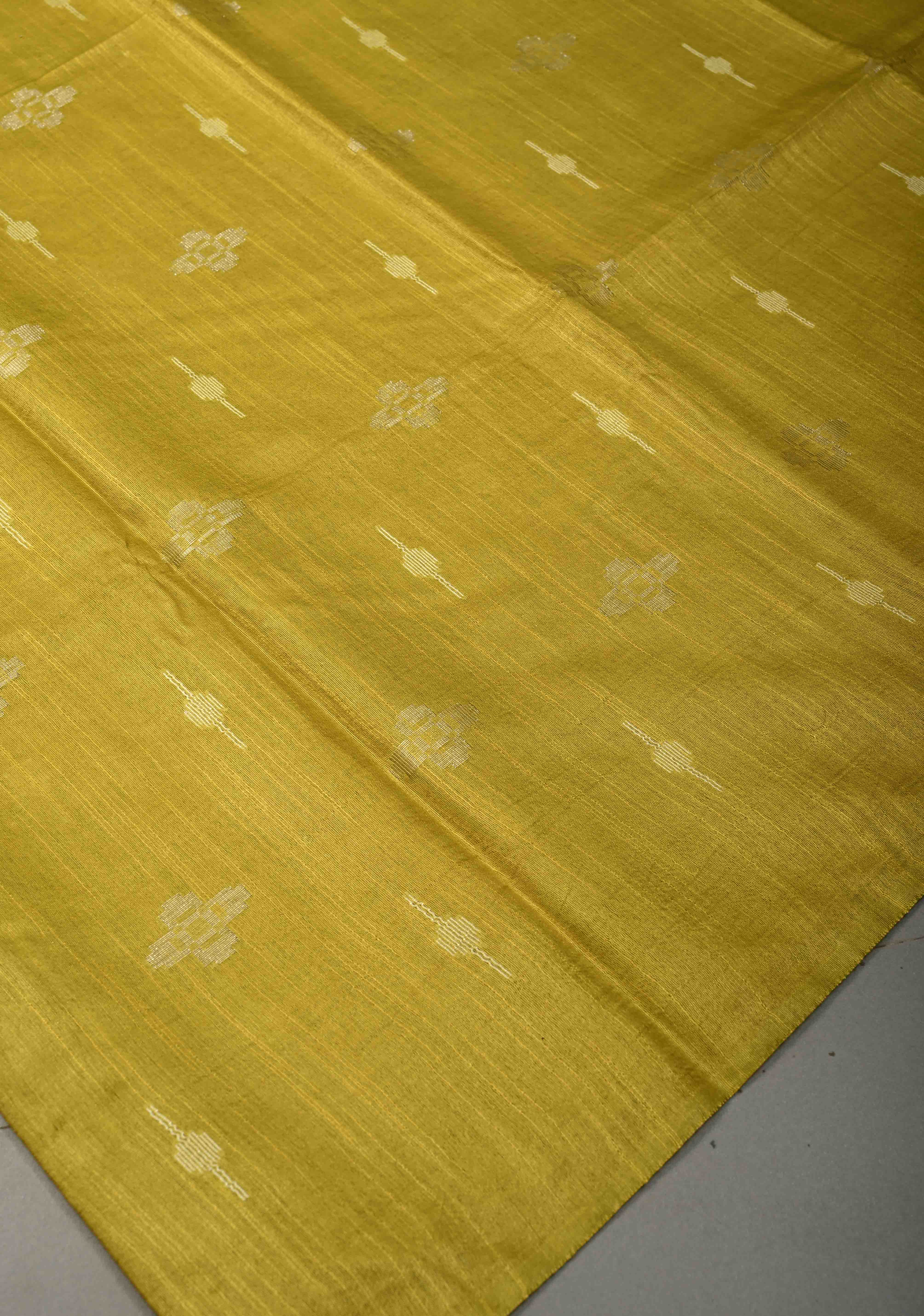 Moss Green Borderless Semi Tussar Saree with Zari and Thread Buttas | Shobitam