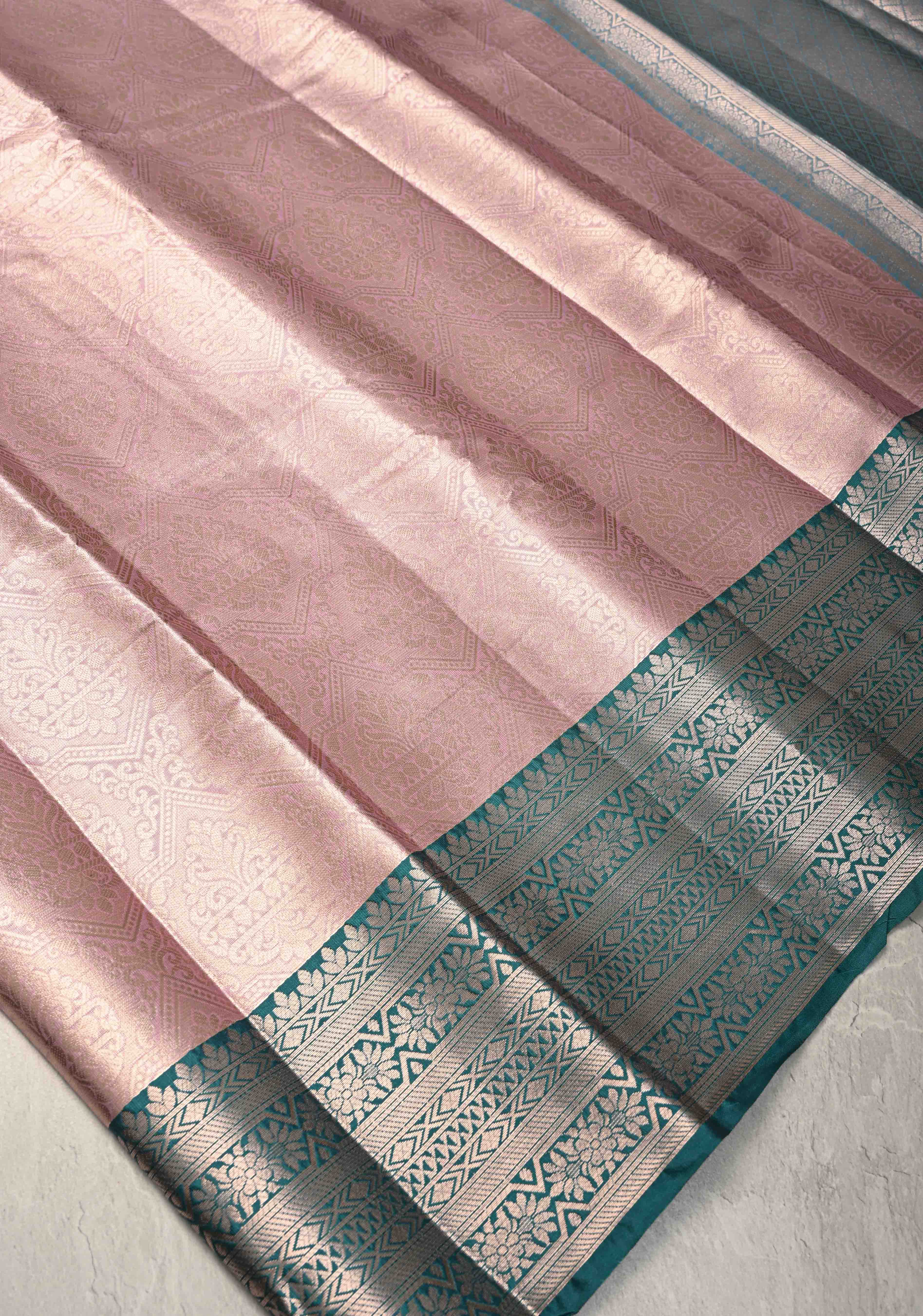 Pink Kanjivaram Tissue Semi Silk Saree with Brocade and Contrast Zari Border | Shobitam