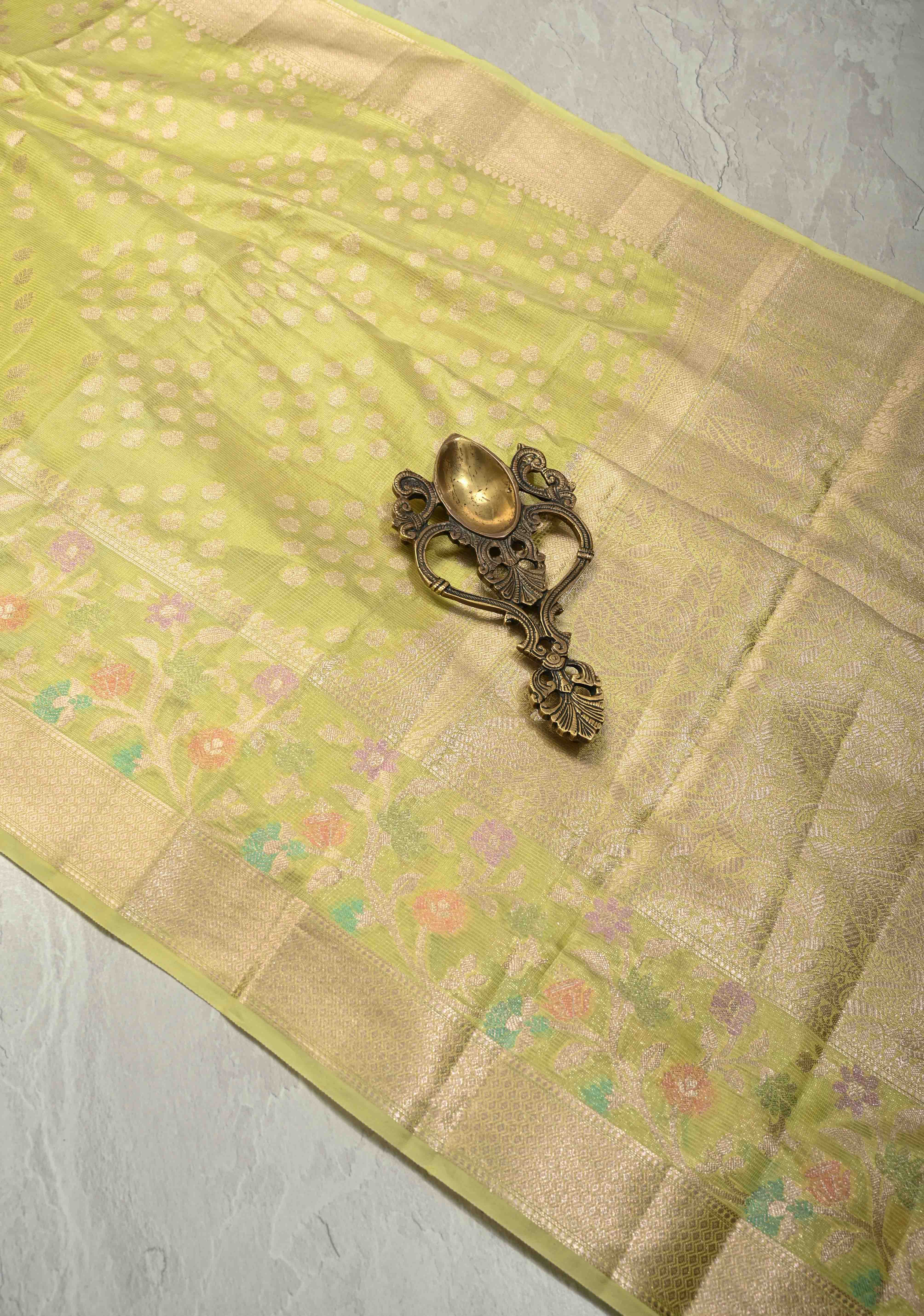 Lime Green Tissue Kanjivaram Semi Silk Saree with Leaf Buttas and Pastel meenakari Vine border | Shobitam