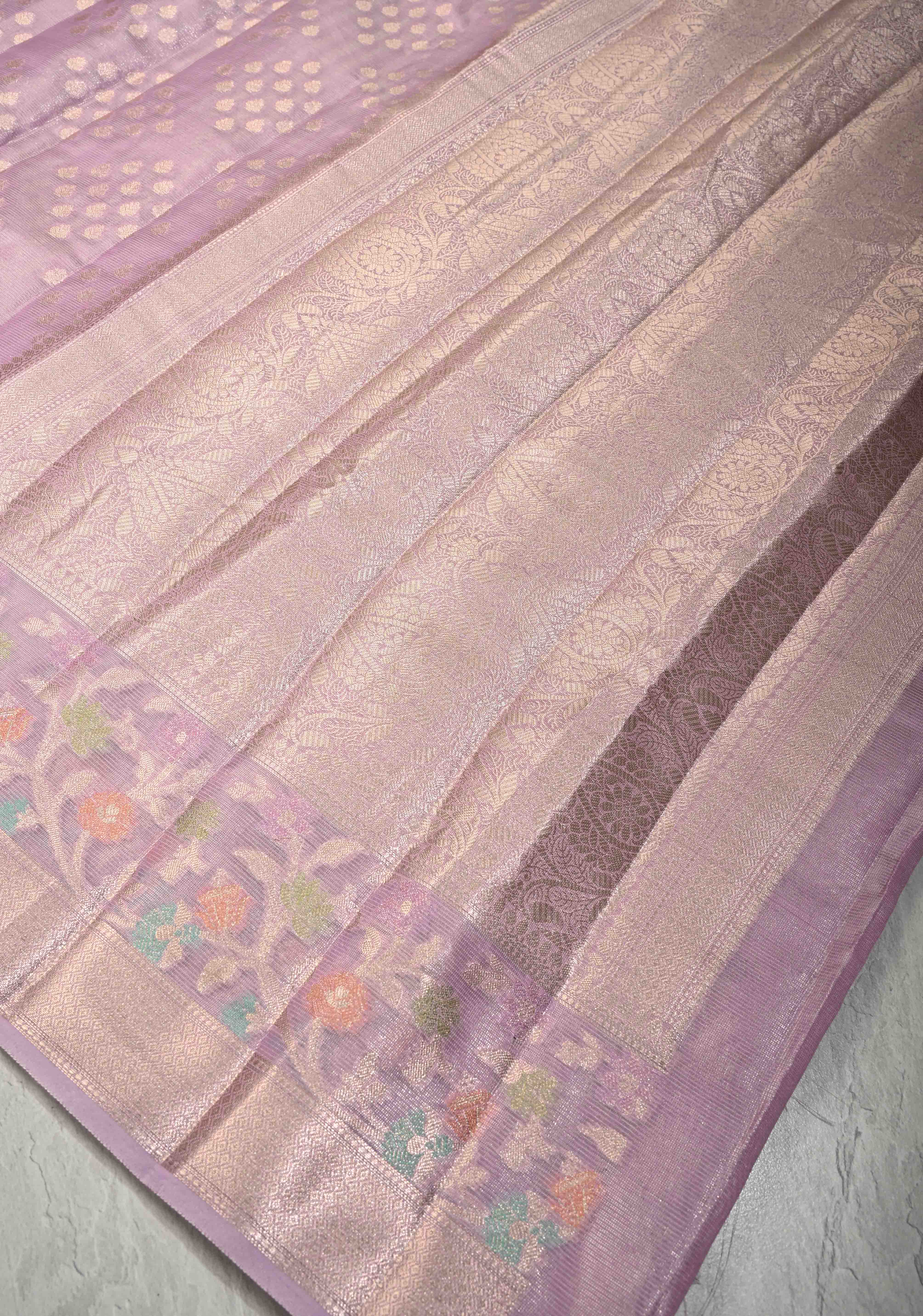 Lilac Tissue Kanjivaram Semi Silk Saree with Leaf Buttas and Pastel meenakari Vine border | Shobitam