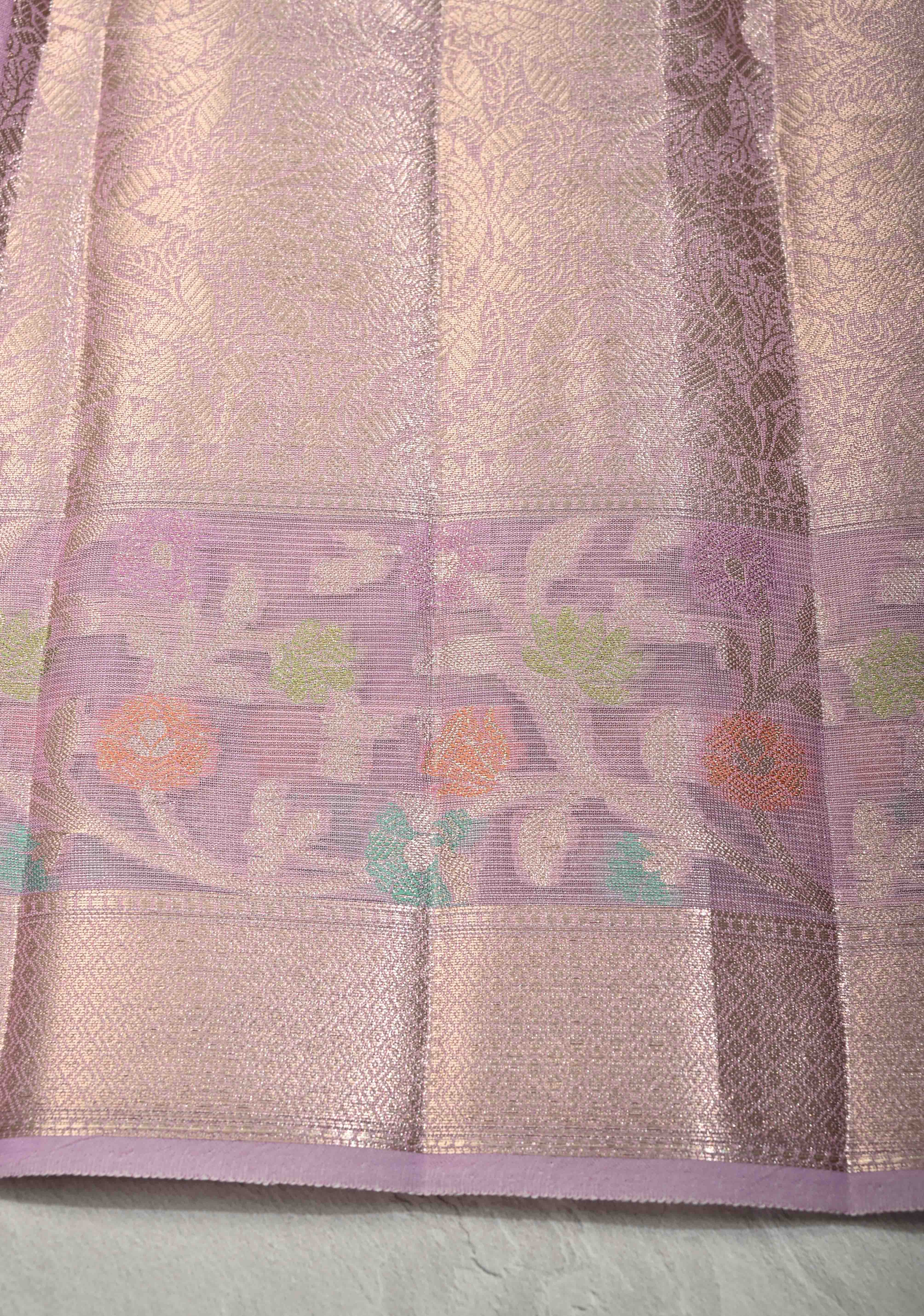 Lilac Tissue Kanjivaram Semi Silk Saree with Leaf Buttas and Pastel meenakari Vine border | Shobitam