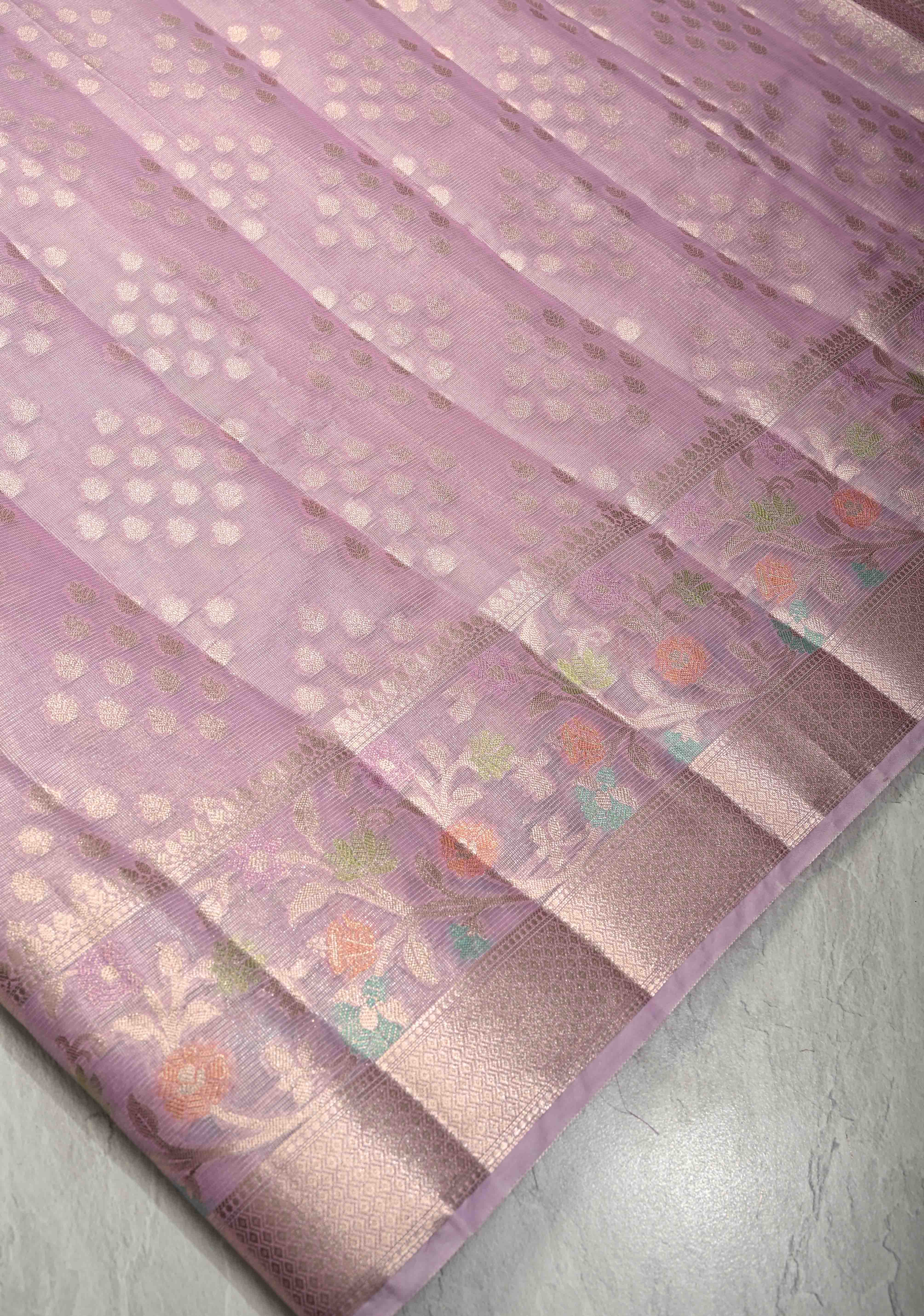Lilac Tissue Kanjivaram Semi Silk Saree with Leaf Buttas and Pastel meenakari Vine border | Shobitam