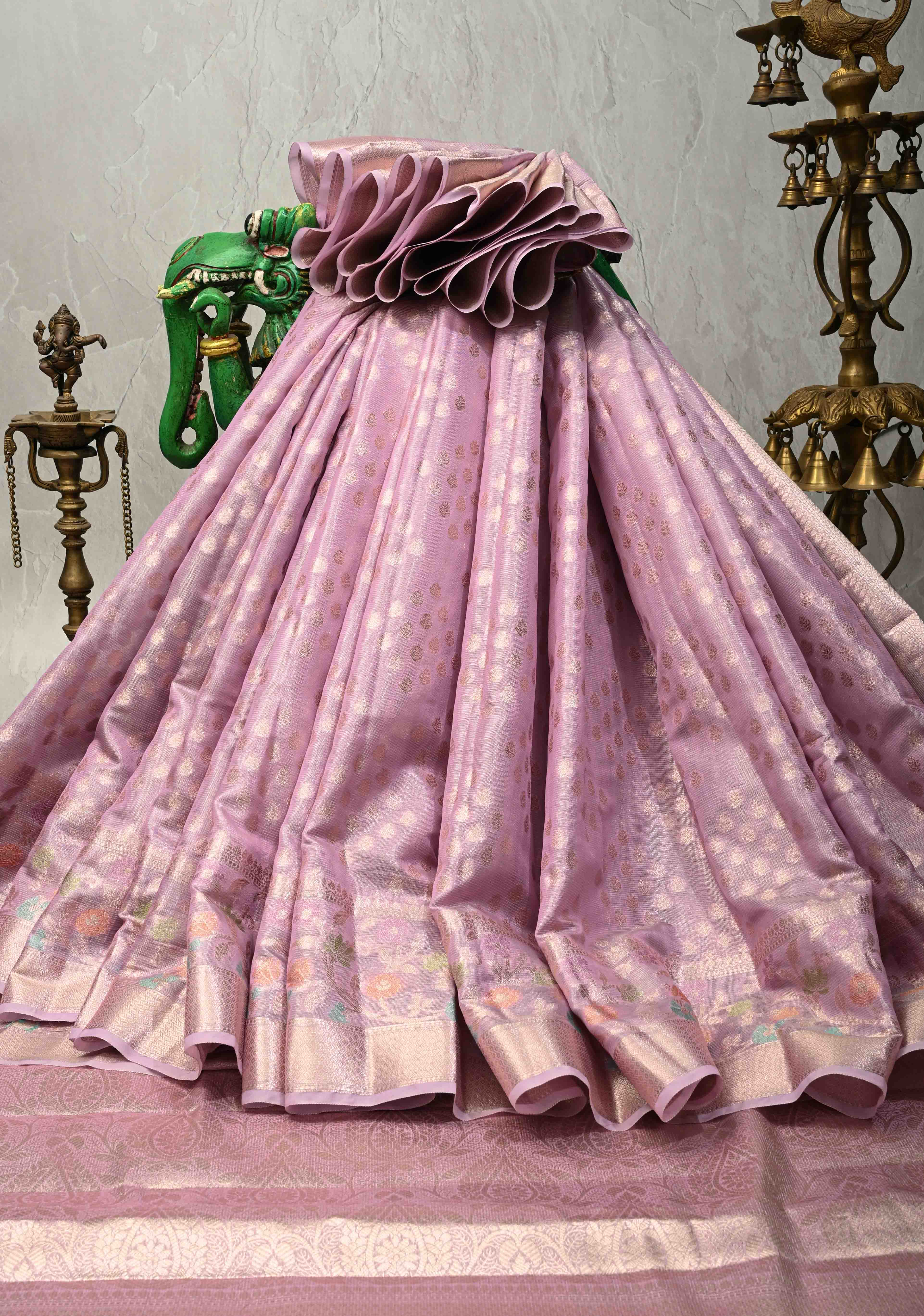 Lilac Tissue Kanjivaram Semi Silk Saree with Leaf Buttas and Pastel meenakari Vine border | Shobitam