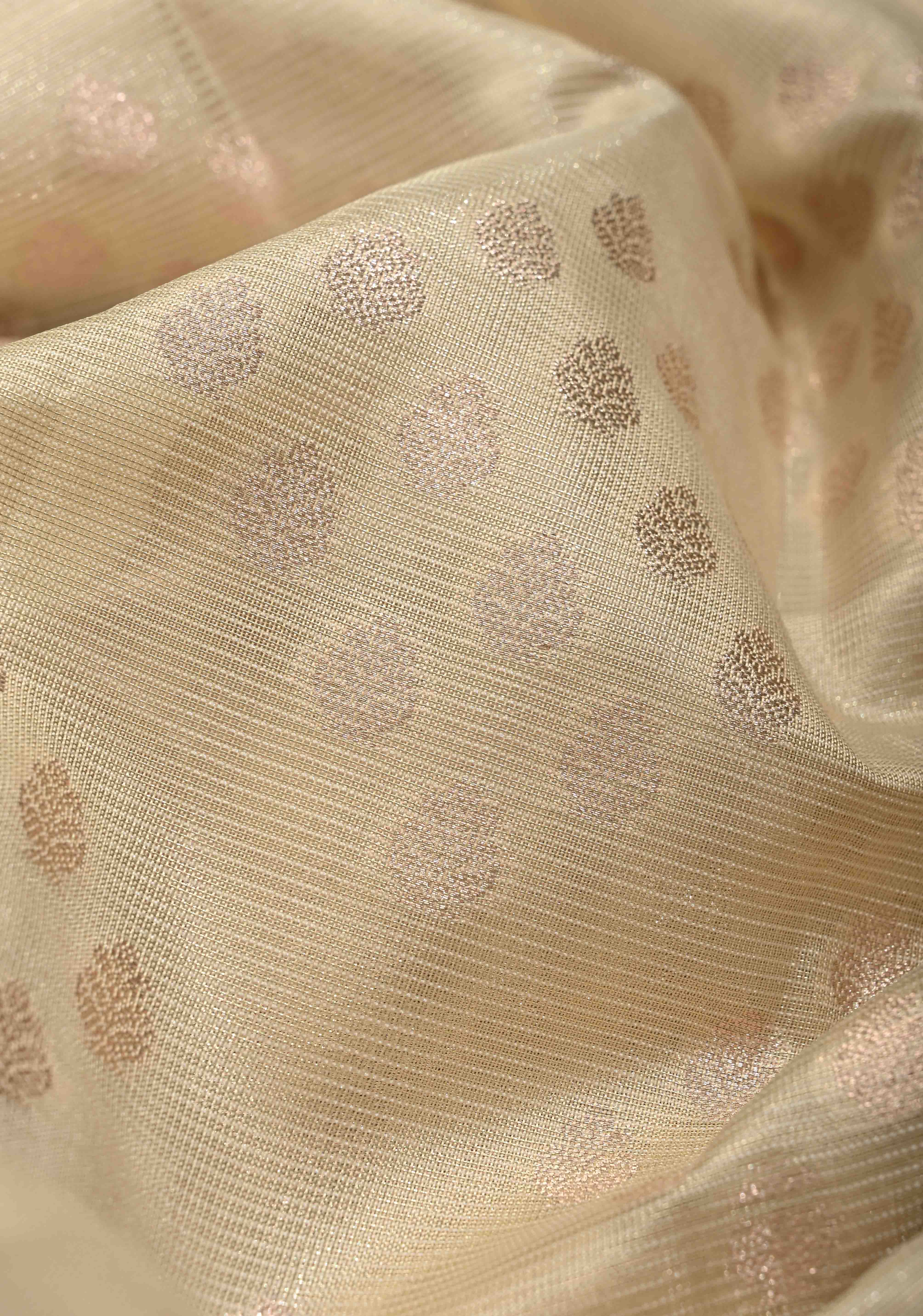 Ivory Tissue Kanjivaram Semi Silk Saree with  Leaf Buttas and Pastel meenakari Vine border | Shobitam