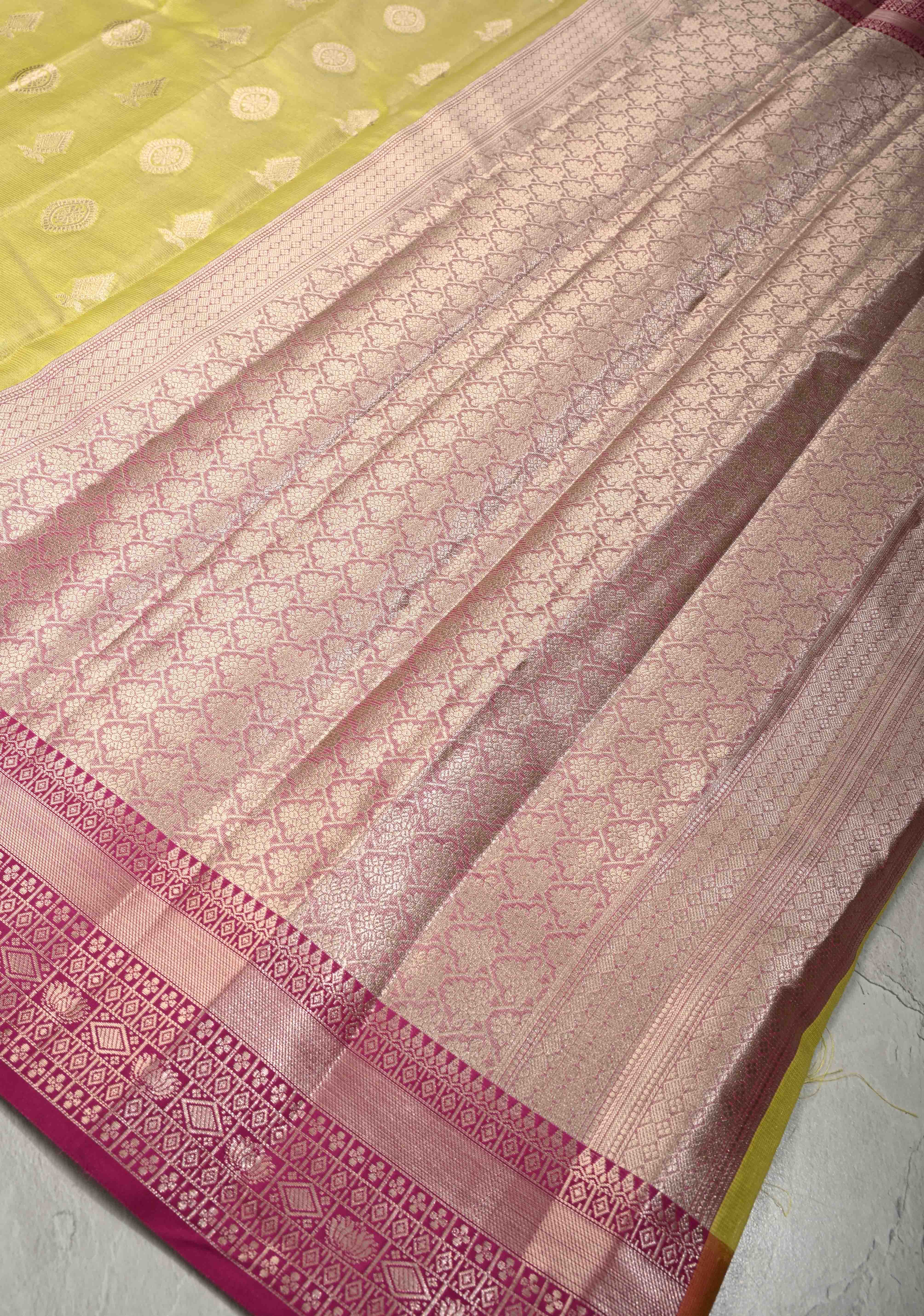 Mustard Yellow Kanjivaram Tissue Semi Silk Saree with Zari Buttas and Contrast Zari Border | Shobitam