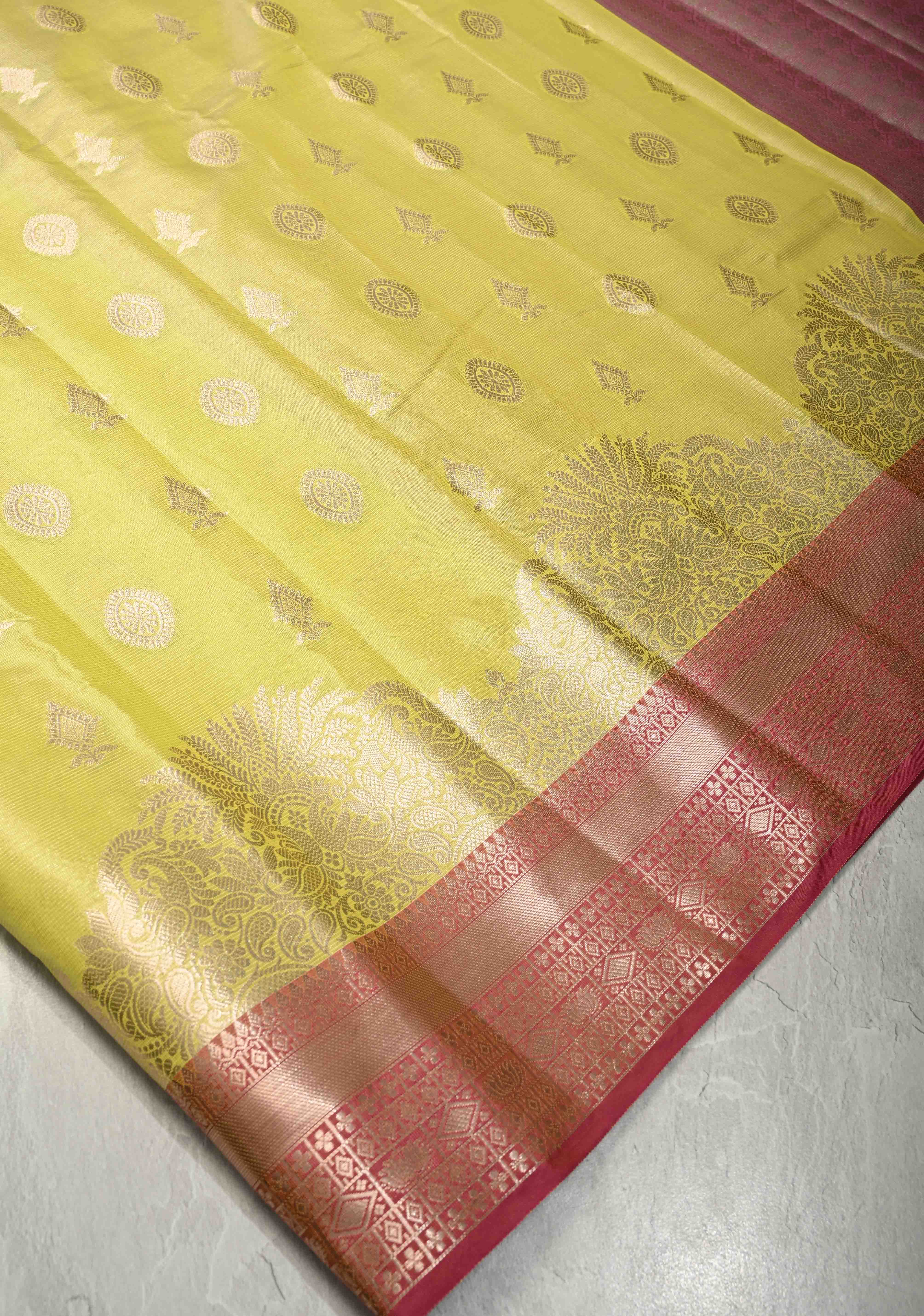 Mustard Yellow Kanjivaram Tissue Semi Silk Saree with Zari Buttas and Contrast Zari Border | Shobitam