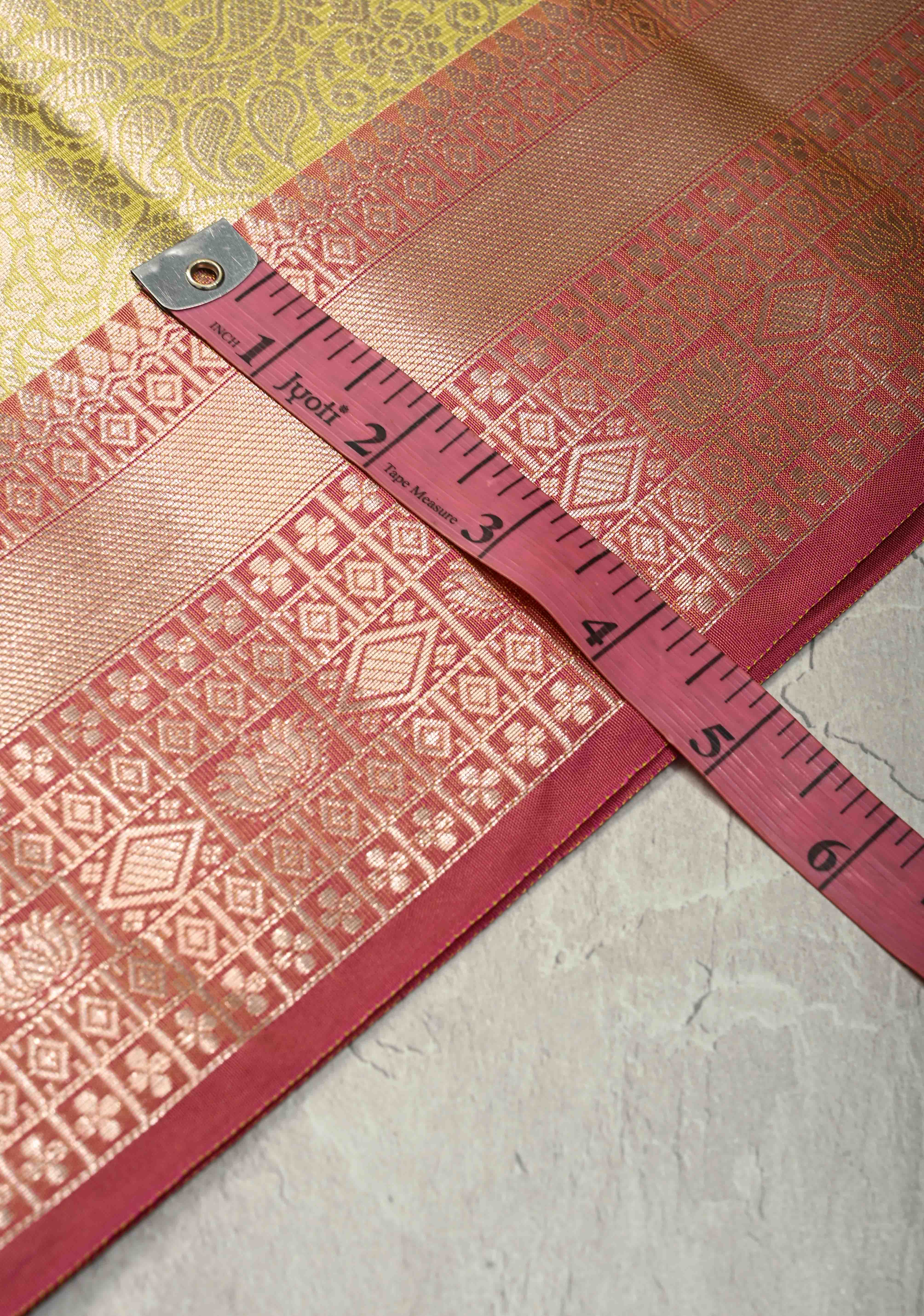 Mustard Yellow Kanjivaram Tissue Semi Silk Saree with Zari Buttas and Contrast Zari Border | Shobitam