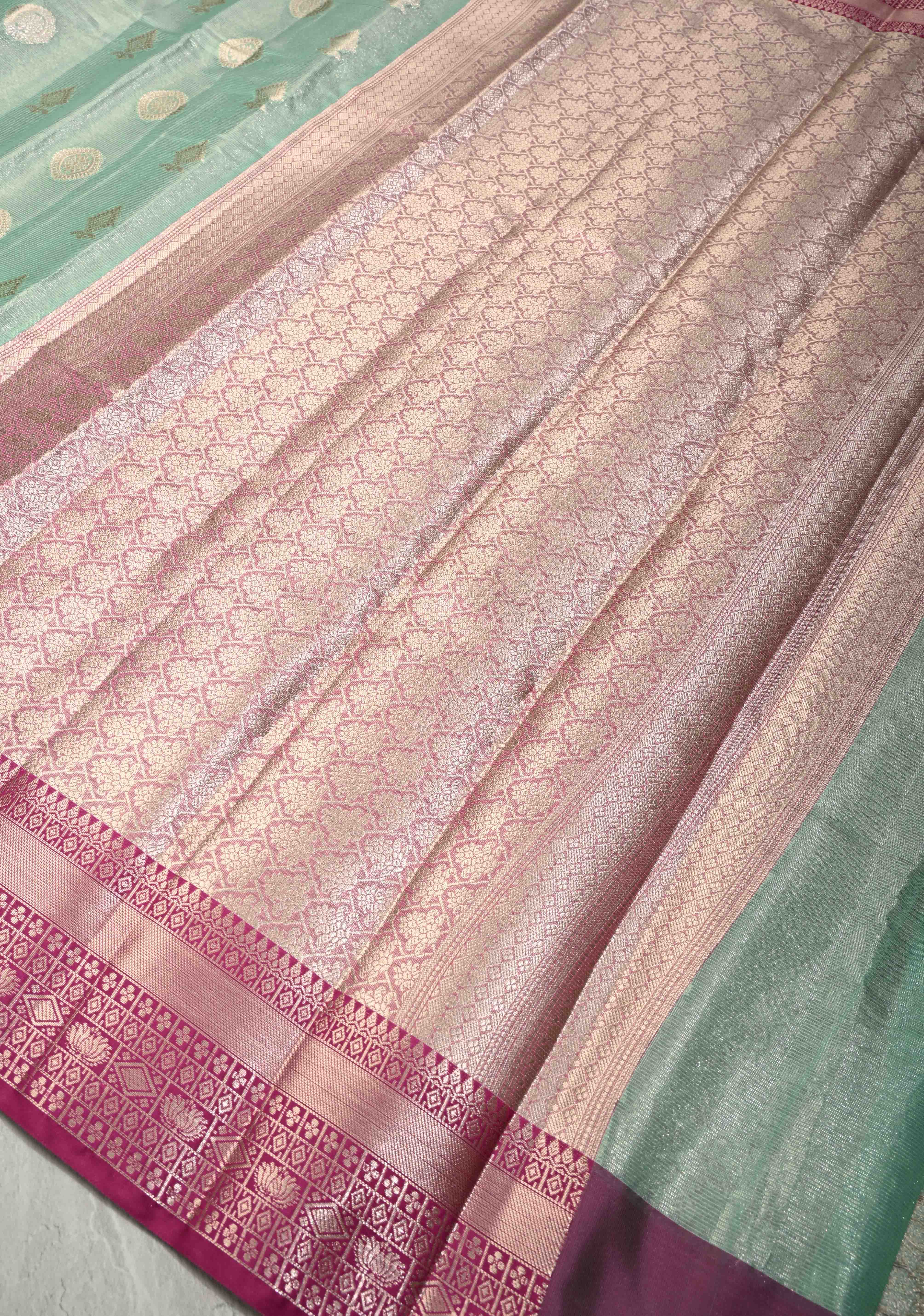 Seafoam Green  Kanjivaram Tissue Semi Silk Saree with Zari Buttas and Contrast Zari Border | Shobitam