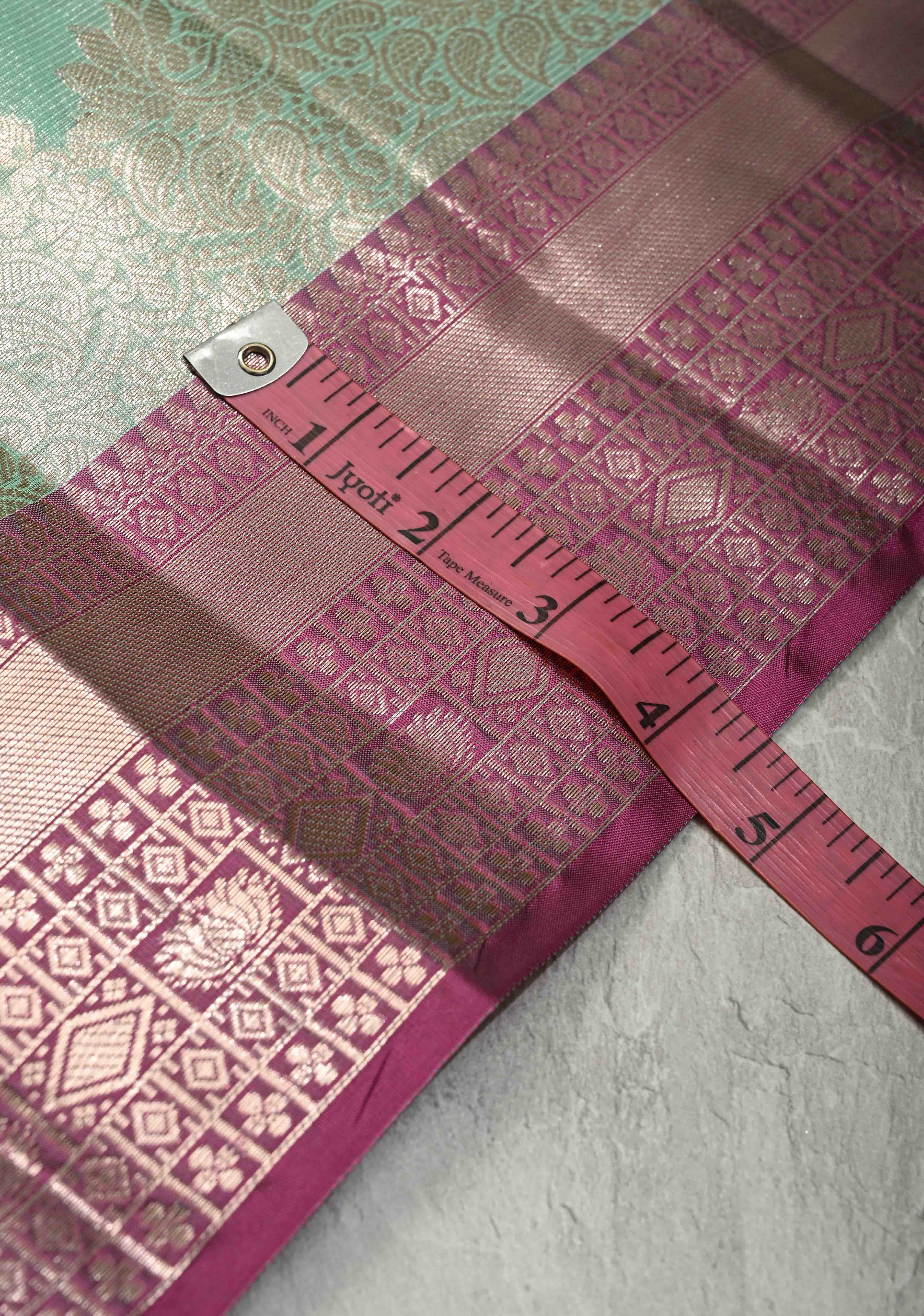 Seafoam Green  Kanjivaram Tissue Semi Silk Saree with Zari Buttas and Contrast Zari Border | Shobitam
