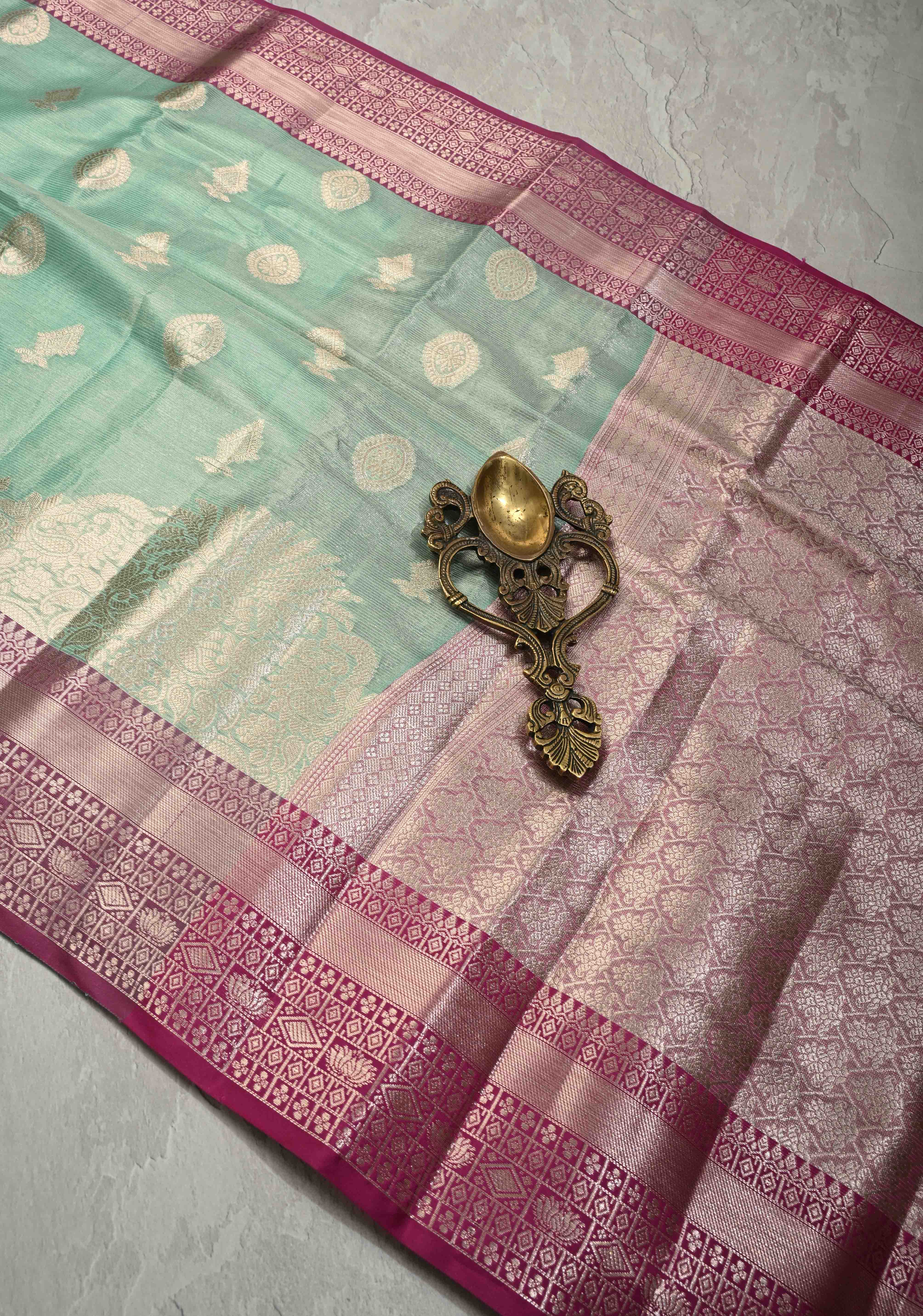 Seafoam Green  Kanjivaram Tissue Semi Silk Saree with Zari Buttas and Contrast Zari Border | Shobitam