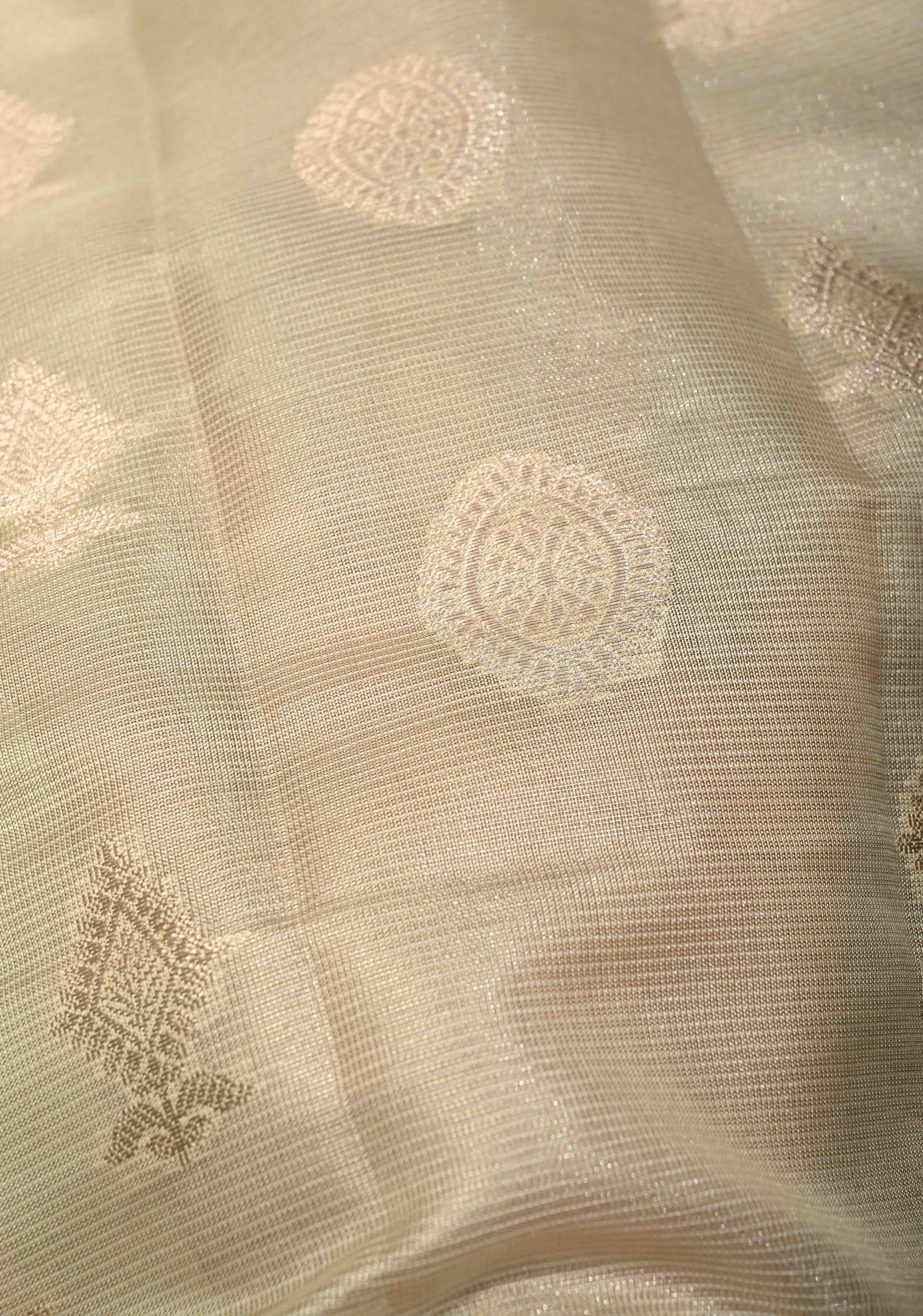 Creamy Green Kanjivaram Tissue Semi Silk Saree with Zari Buttas and Contrast Zari Border | Shobitam