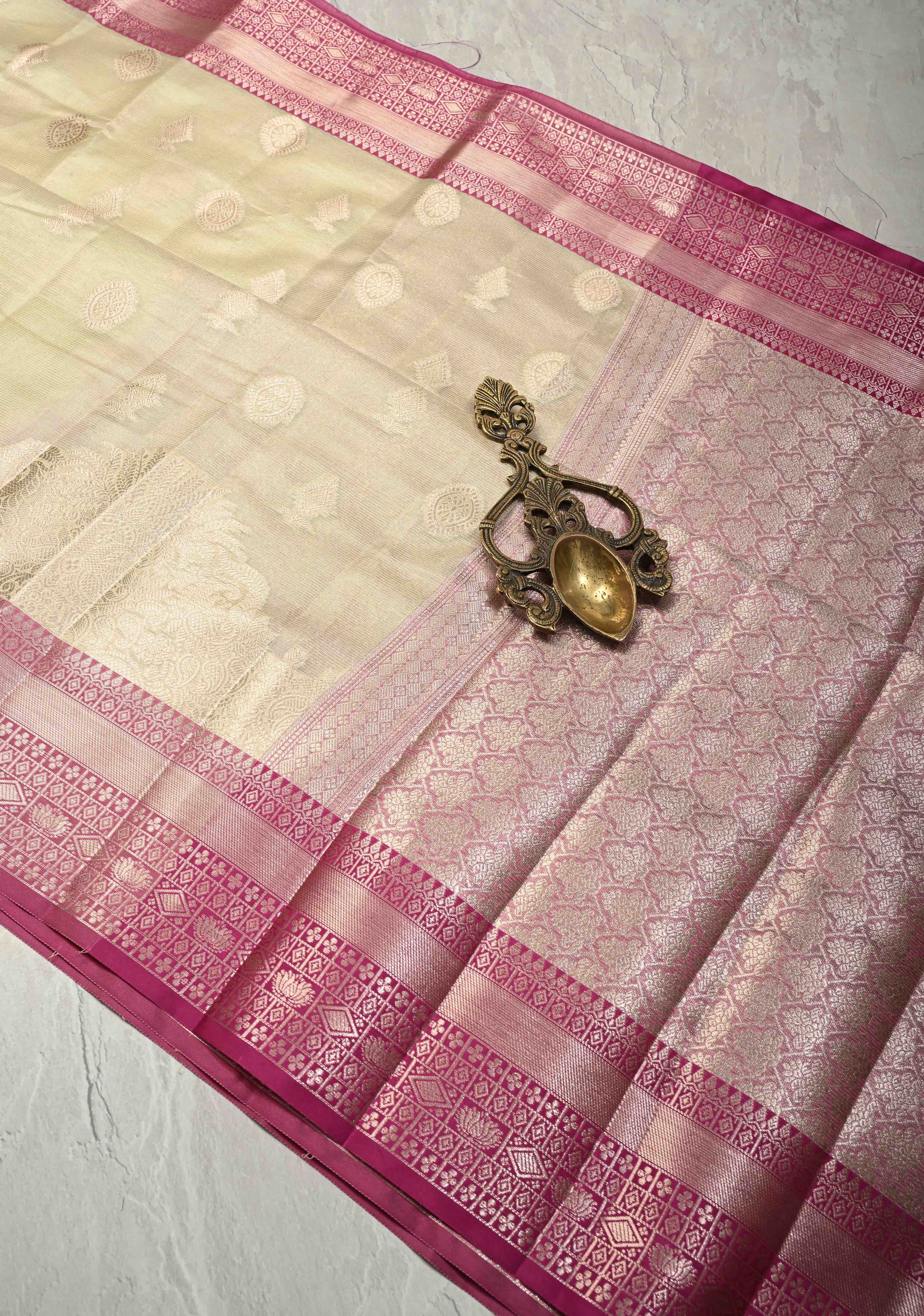 Creamy Green Kanjivaram Tissue Semi Silk Saree with Zari Buttas and Contrast Zari Border | Shobitam