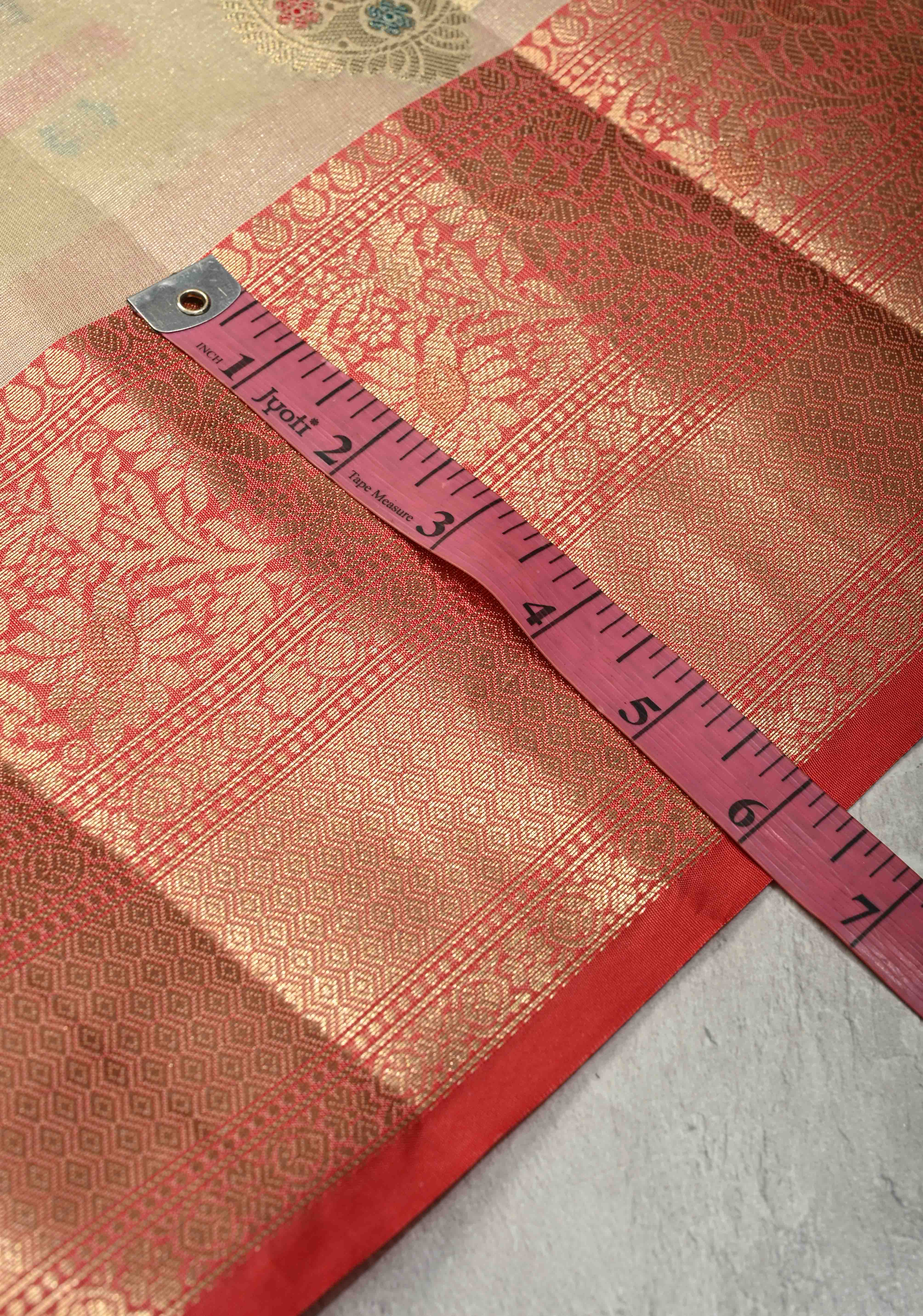 Beige Kanjivaram Tissue Semi Silk Saree with Meenakari Paisley Buttas and Contrast Zari Border | Shobitam