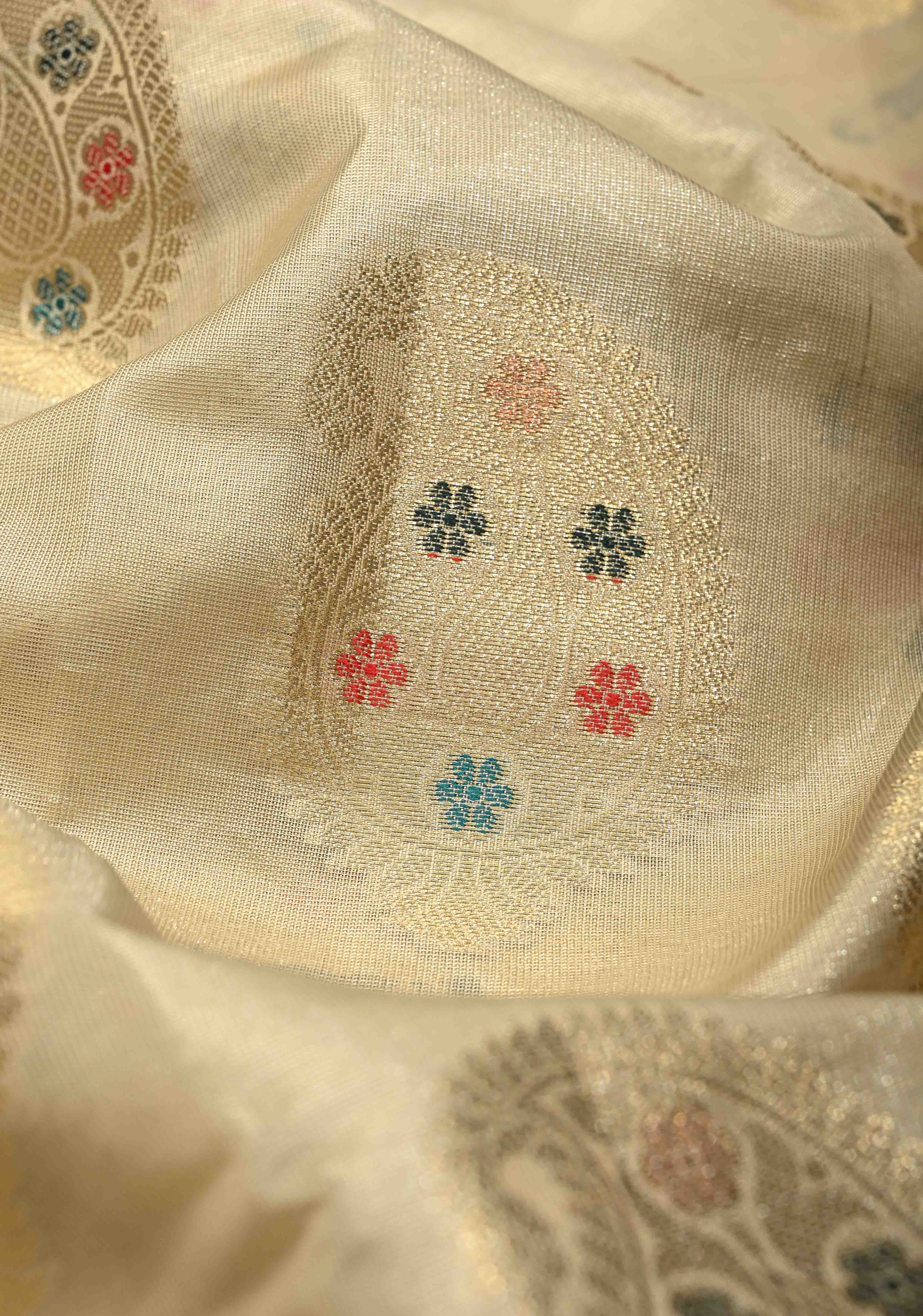 Beige Kanjivaram Tissue Semi Silk Saree with Meenakari Paisley Buttas and Contrast Zari Border | Shobitam
