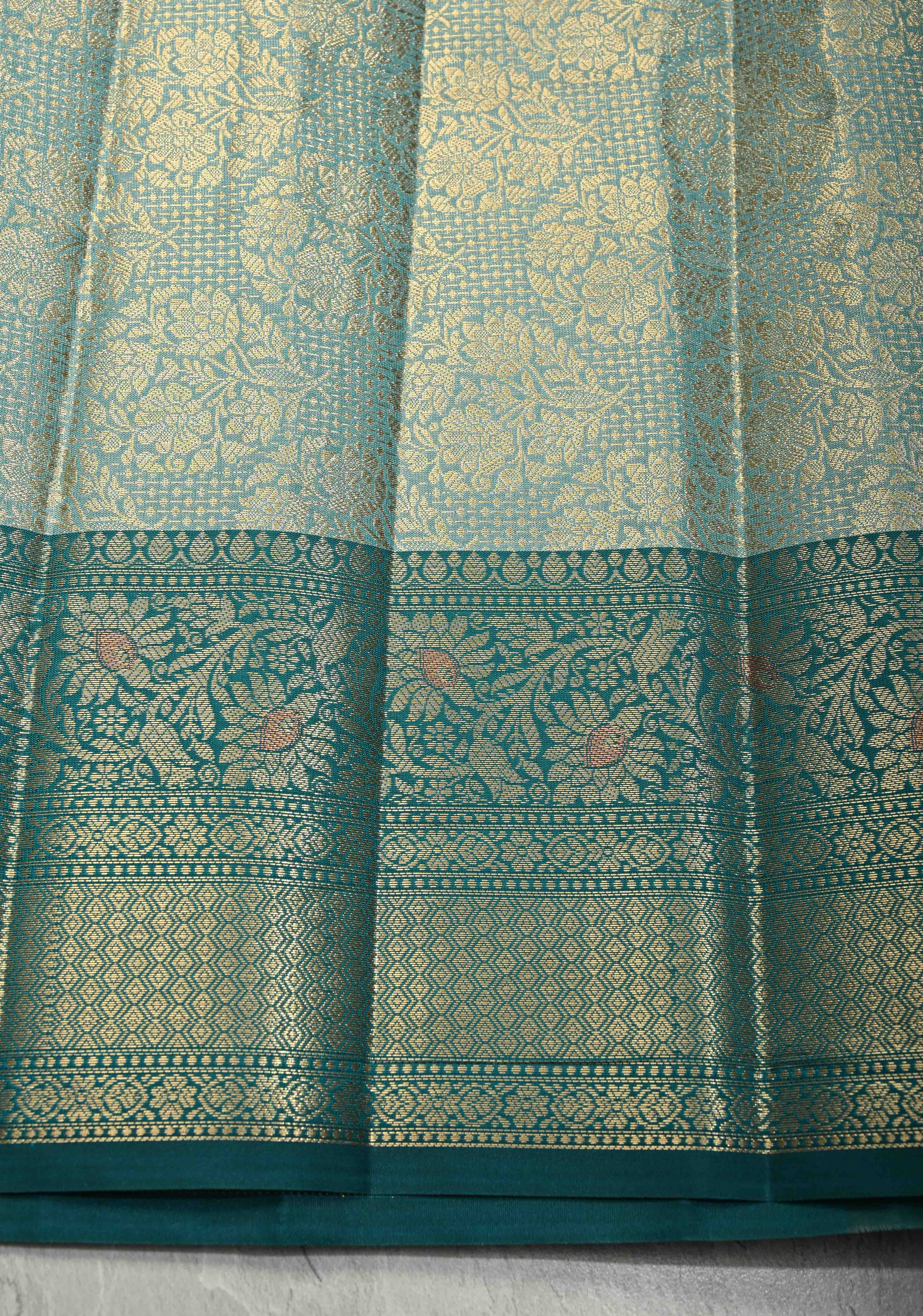 Beige Kanjivaram Tissue Semi Silk Saree with Meenakari Paisley Zari Buttas and Contrast Zari Border | Shobitam