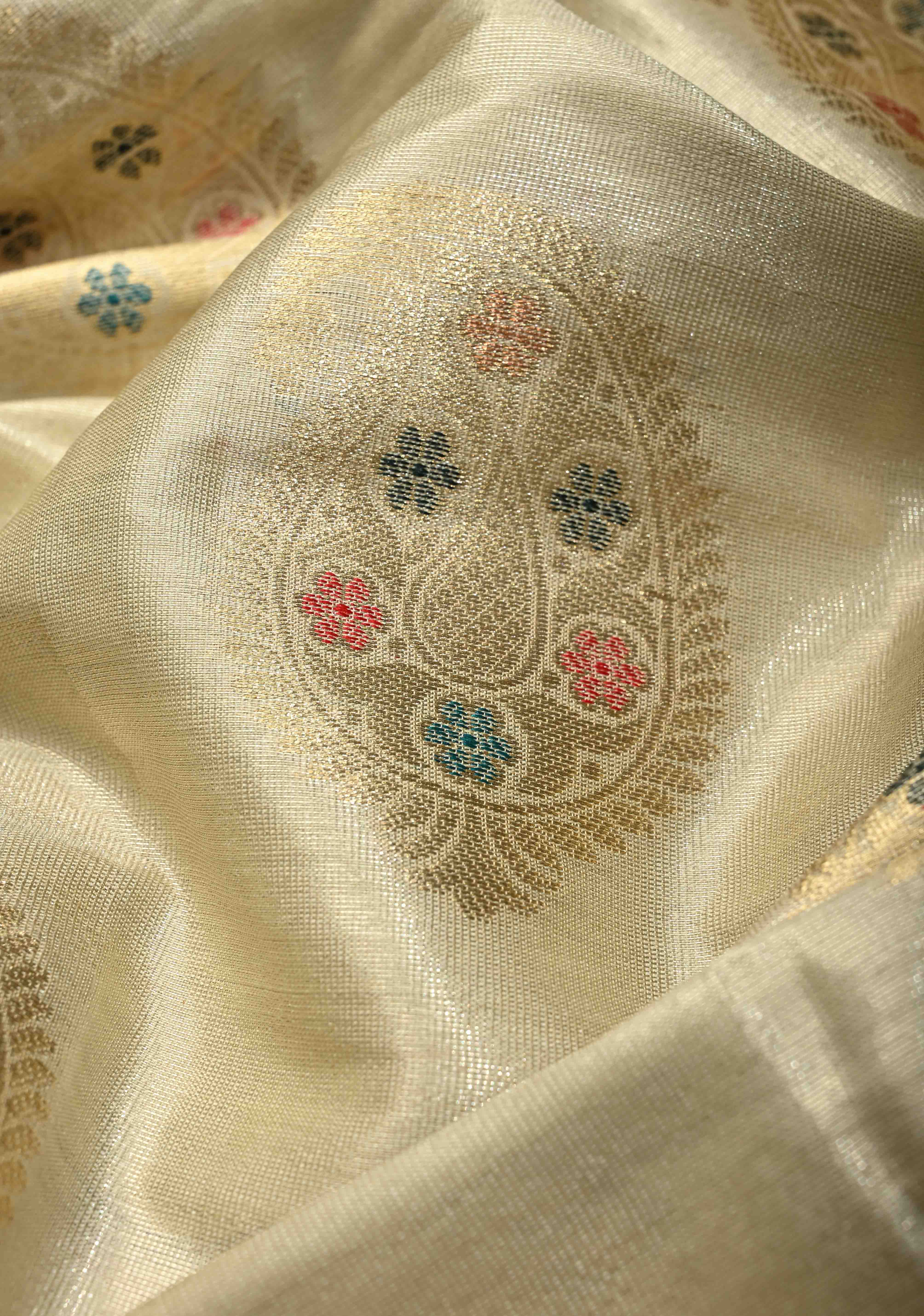 Cream Kanjivaram Tissue Semi Silk Saree with Meenakari Paisley Zari Buttas and Contrast Zari Border | Shobitam