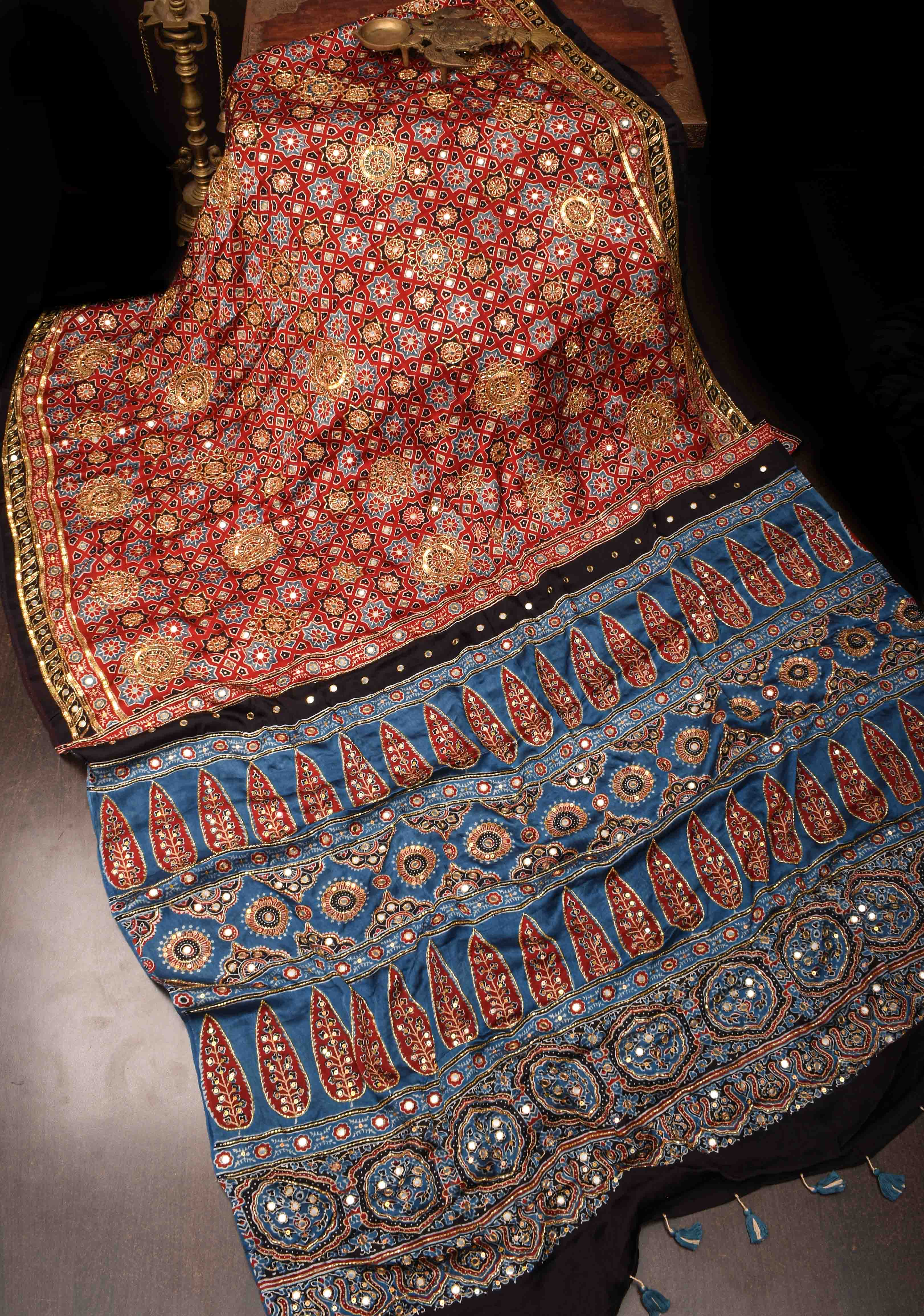 Full Handwork on Authentic Ajrakh Handblock Print on Modal Silk Saree in red | Shobitam