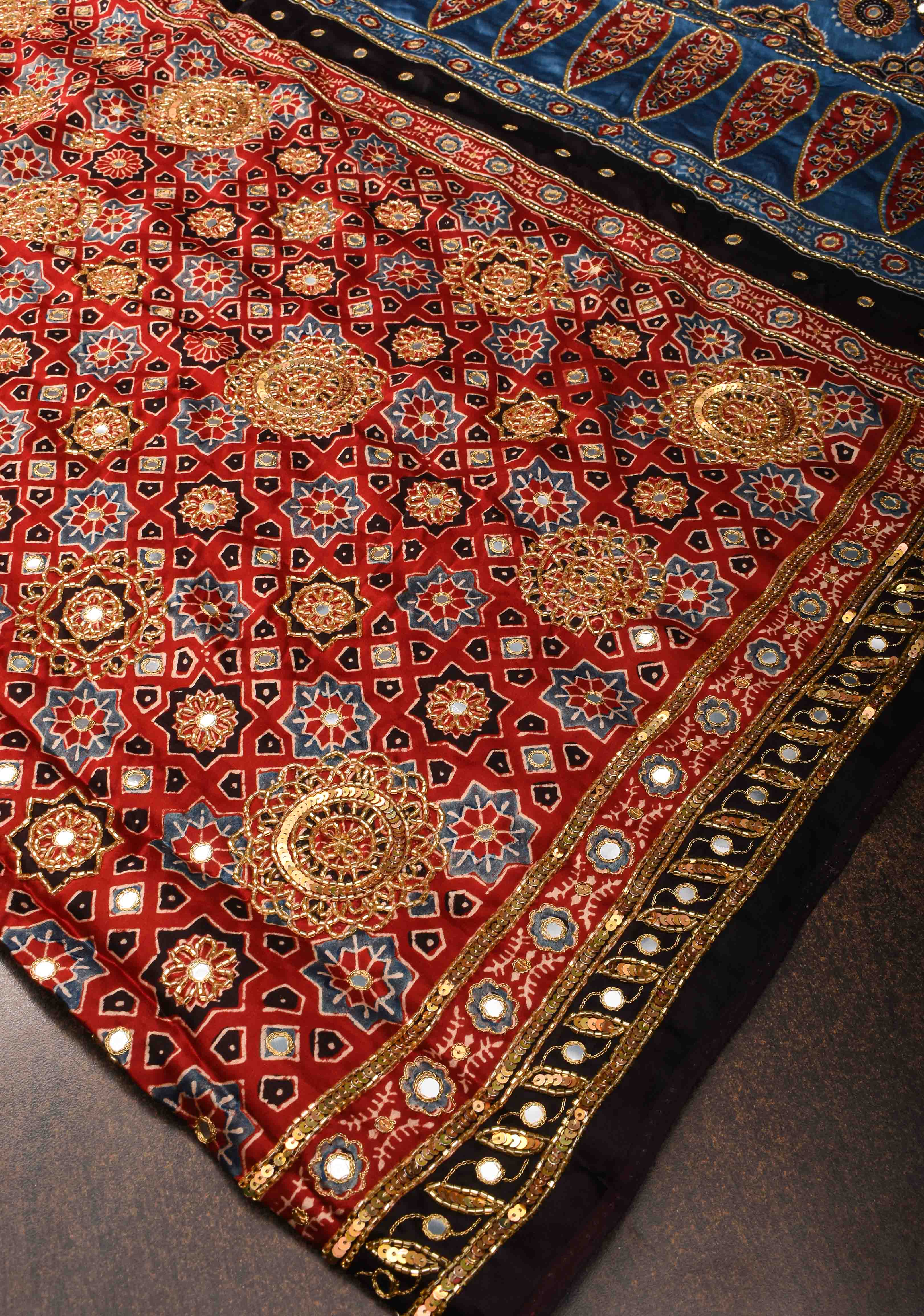 Full Handwork on Authentic Ajrakh Handblock Print on Modal Silk Saree in red | Shobitam