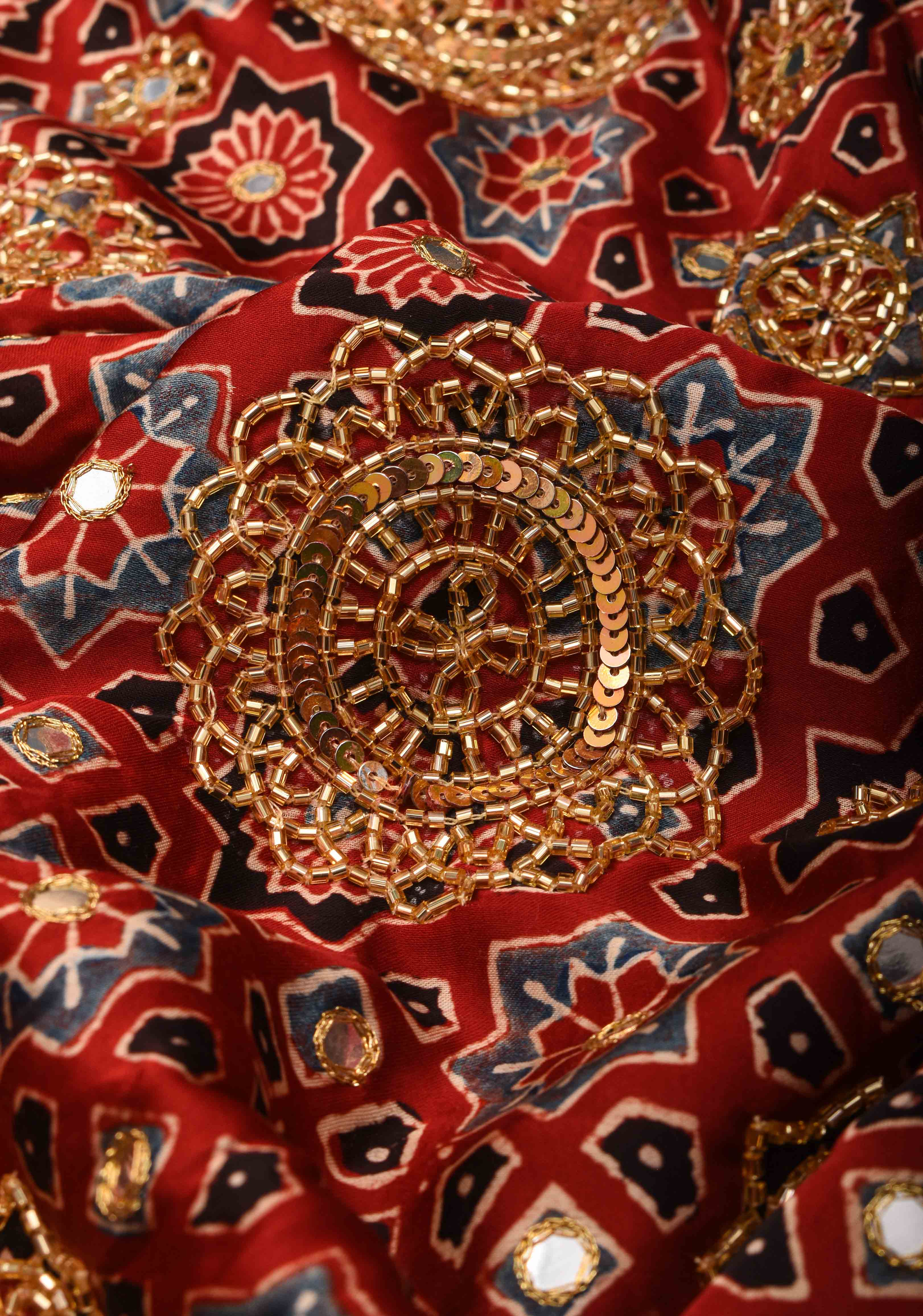 Full Handwork on Authentic Ajrakh Handblock Print on Modal Silk Saree in red | Shobitam