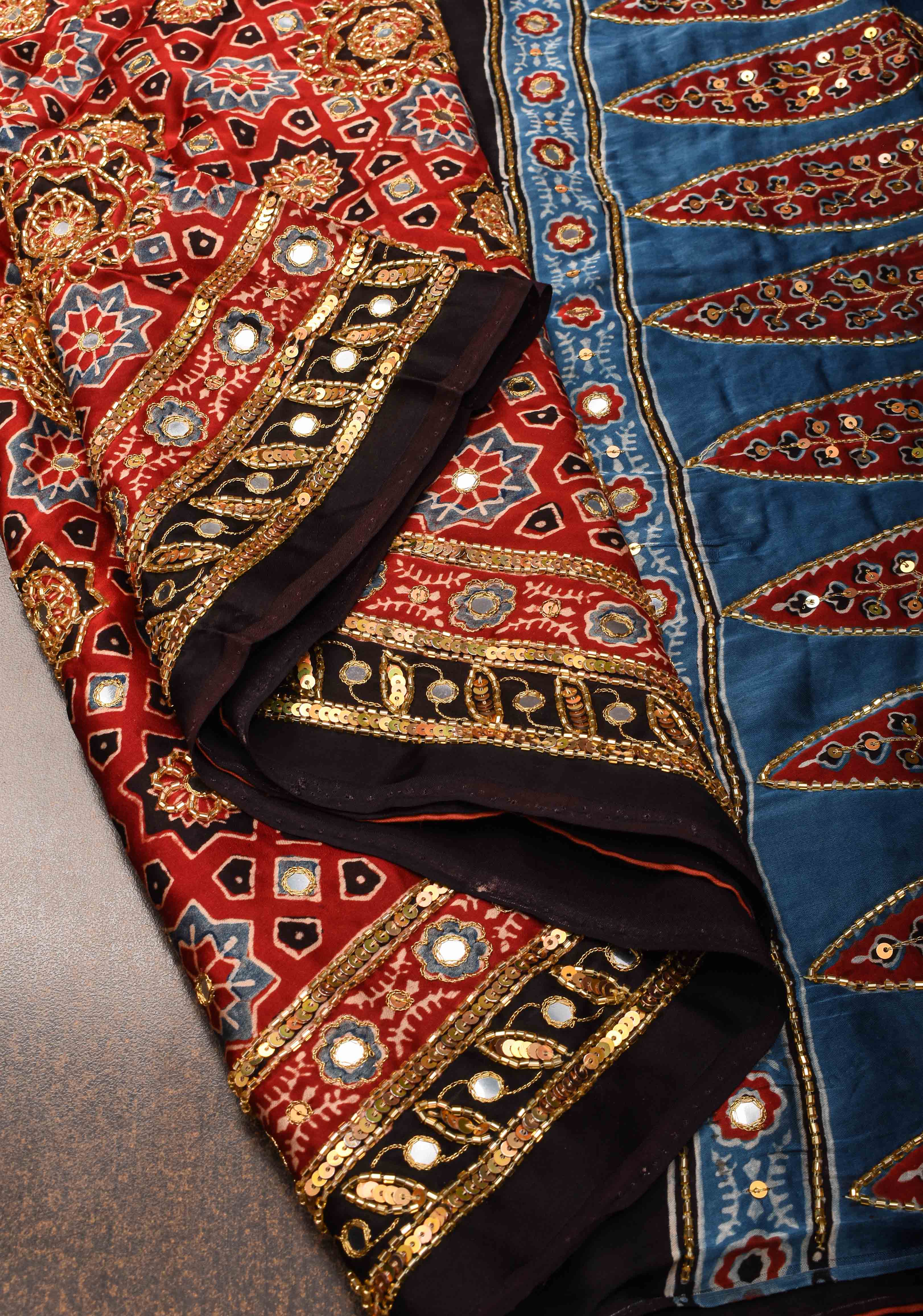 Full Handwork on Authentic Ajrakh Handblock Print on Modal Silk Saree in red | Shobitam