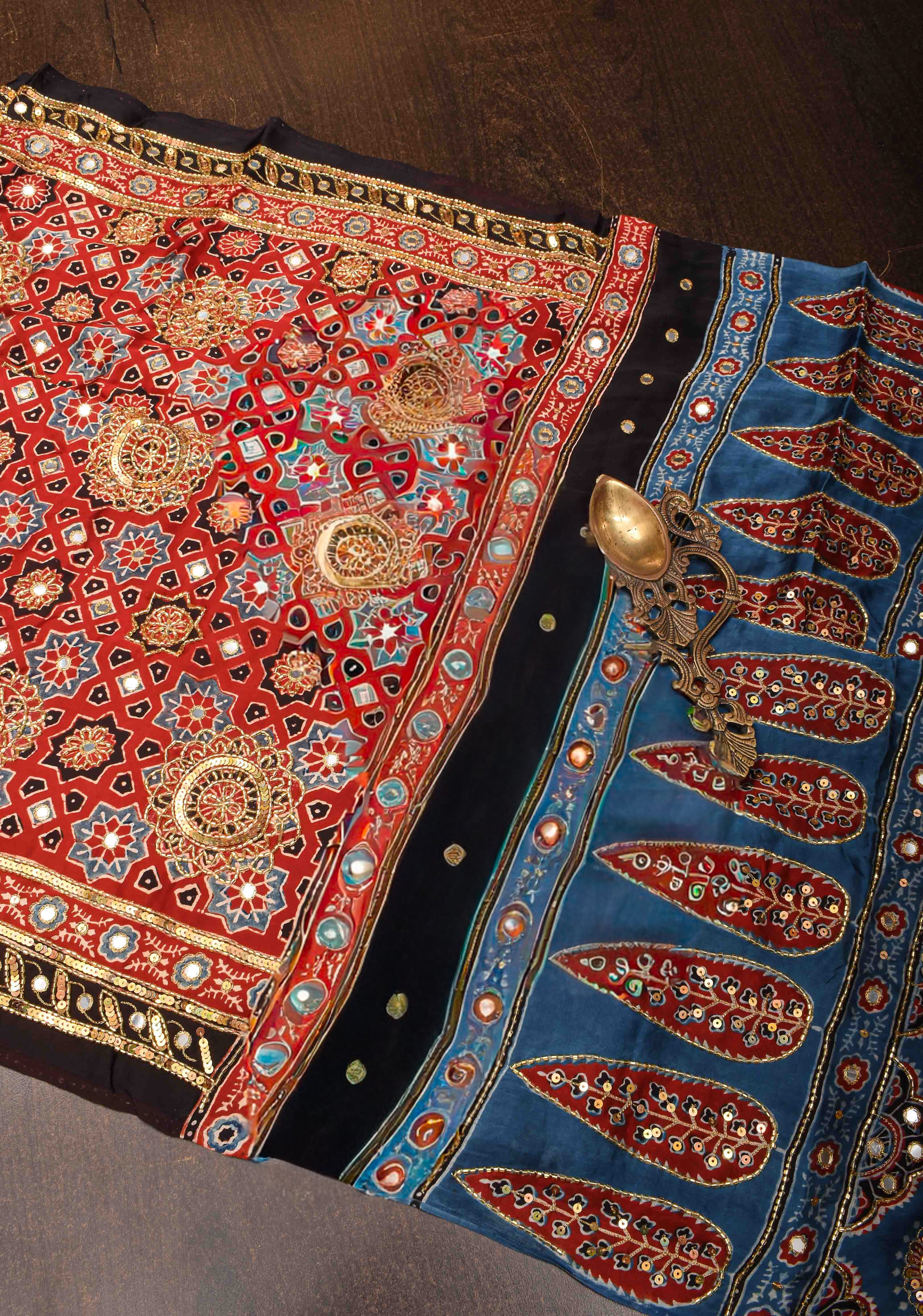 Full Handwork on Authentic Ajrakh Handblock Print on Modal Silk Saree in red | Shobitam