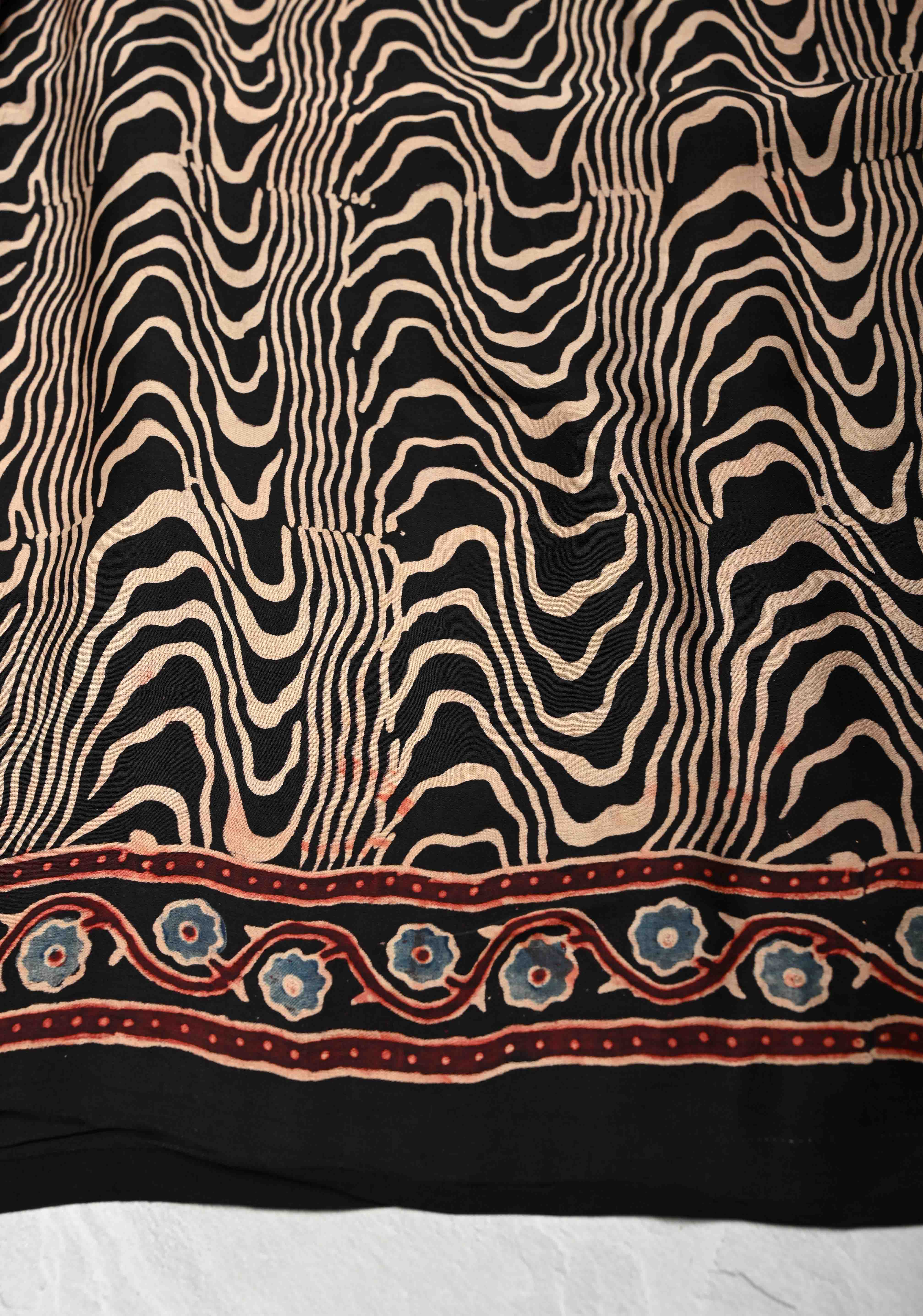 Black Modal Silk Saree with Ajrakh Hand Block Print and Crushed Pallu | Shobitam