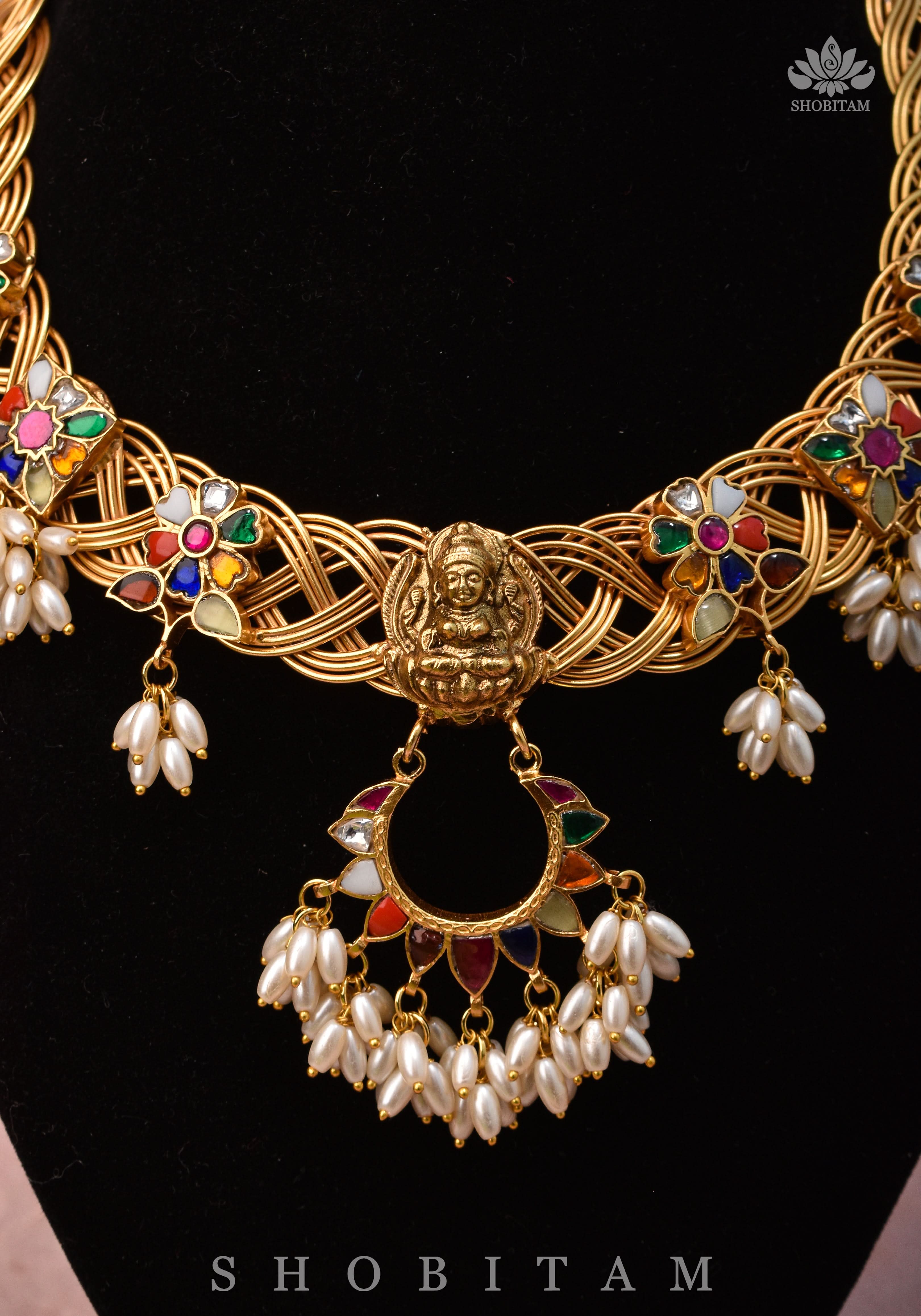 Braided Hasli Carved Lakshmi with Navaratna Stones Necklace Set with Dangling Rice Pearls, No Earrings | Shobitam