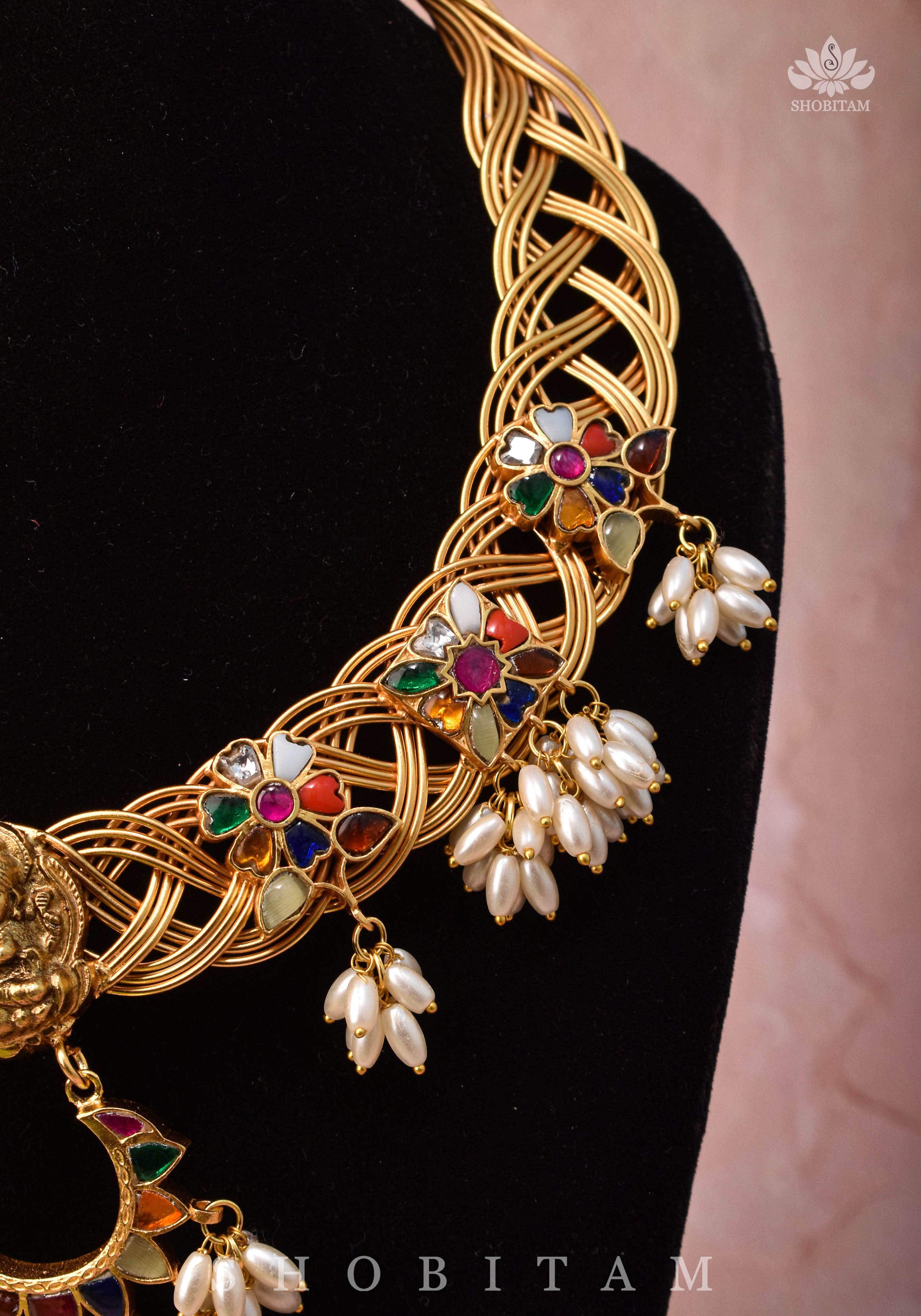 Braided Hasli Carved Lakshmi with Navaratna Stones Necklace Set with Dangling Rice Pearls, No Earrings | Shobitam