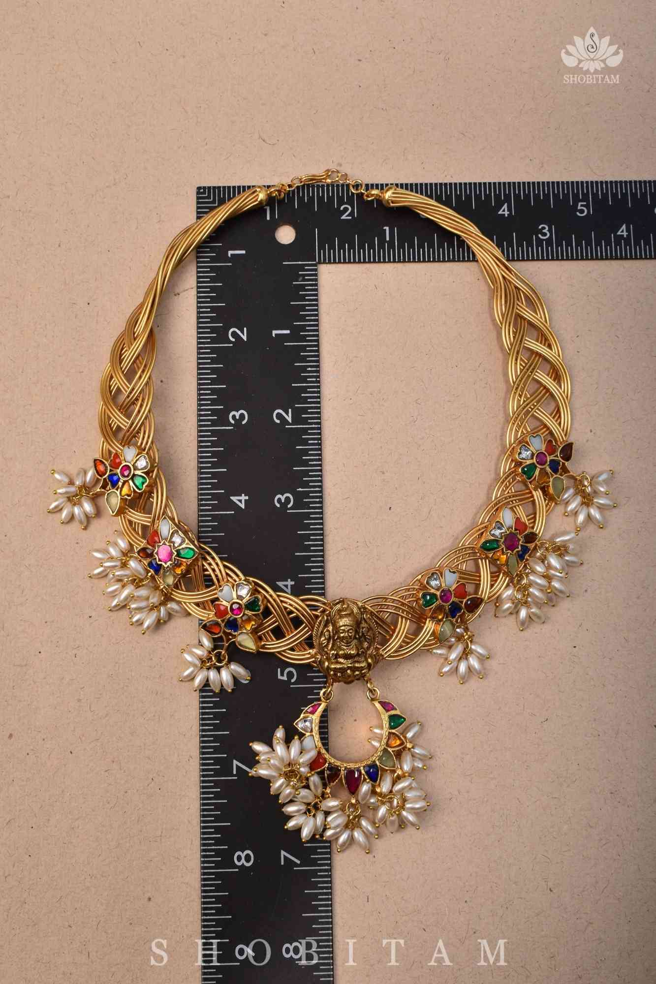 Braided Hasli Carved Lakshmi with Navaratna Stones Necklace Set with Dangling Rice Pearls, No Earrings