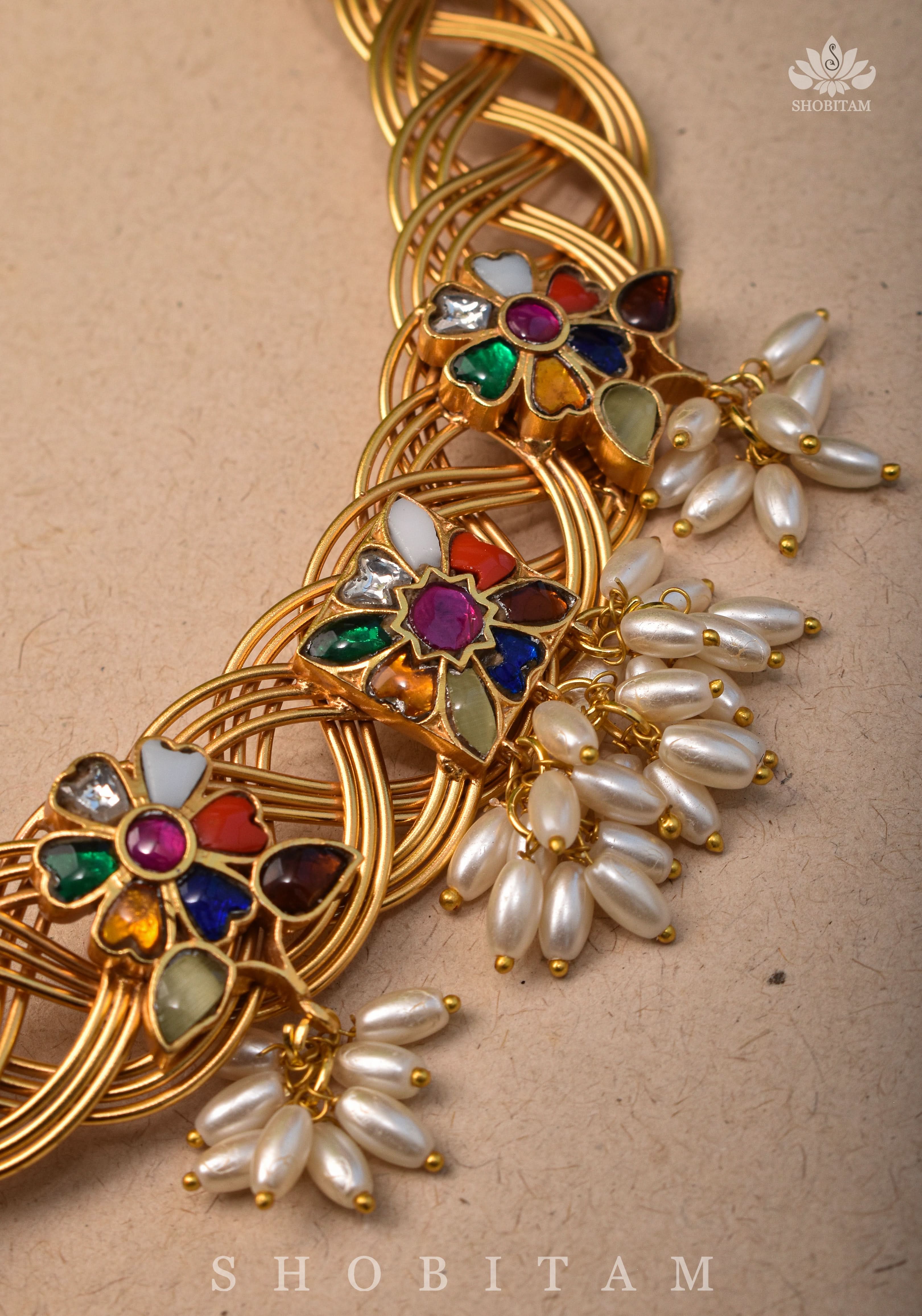 Braided Hasli Carved Lakshmi with Navaratna Stones Necklace Set with Dangling Rice Pearls, No Earrings | Shobitam